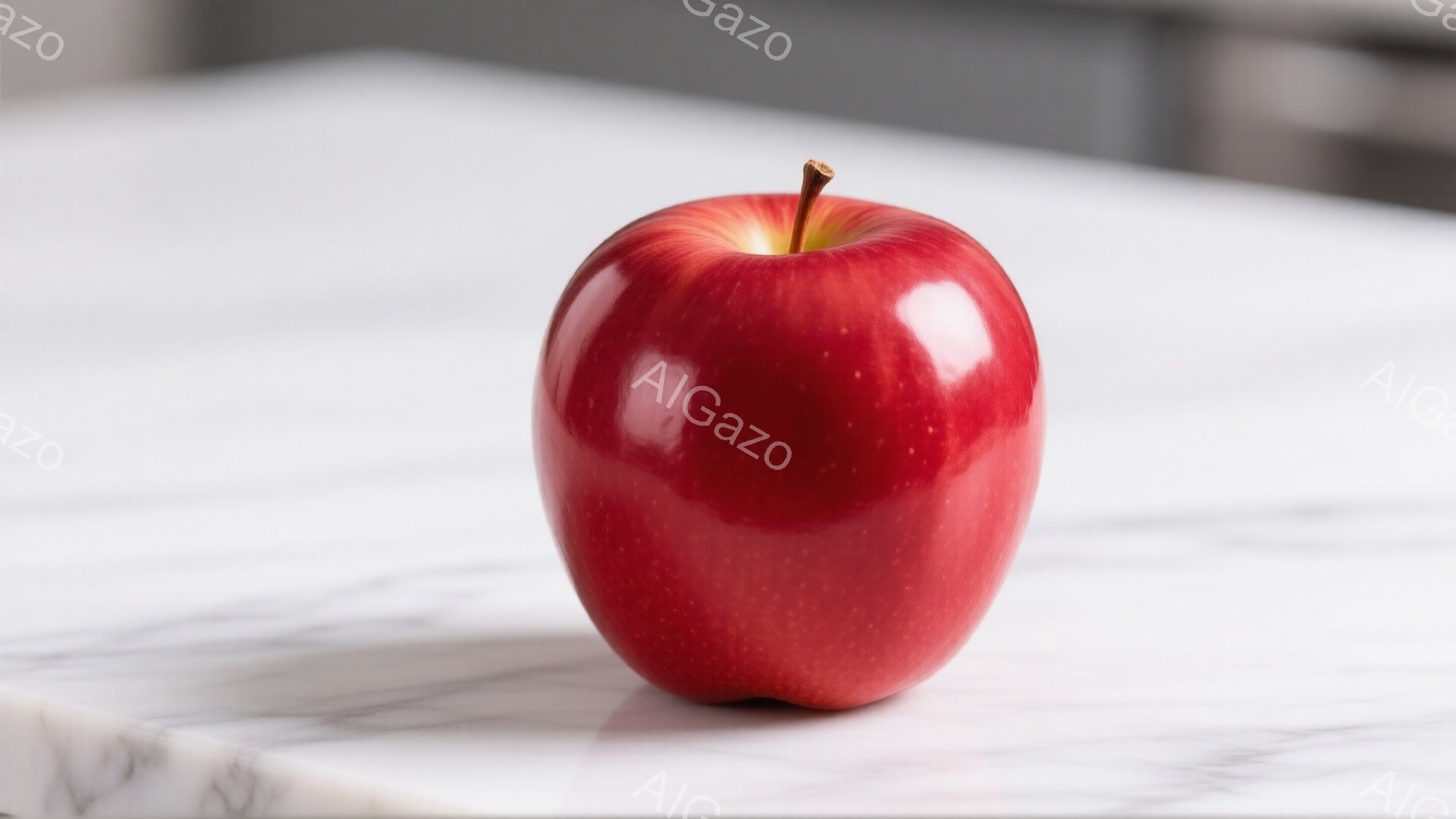 真っ赤なリンゴが、白い大理石のような台の上に置かれています。リンゴは光沢があり、表面には小さな斑点が見えます。背景はぼやけていますが、ステンレス製の何かがわずかに見え、全体的に清潔でミニマルな印象を与えます。