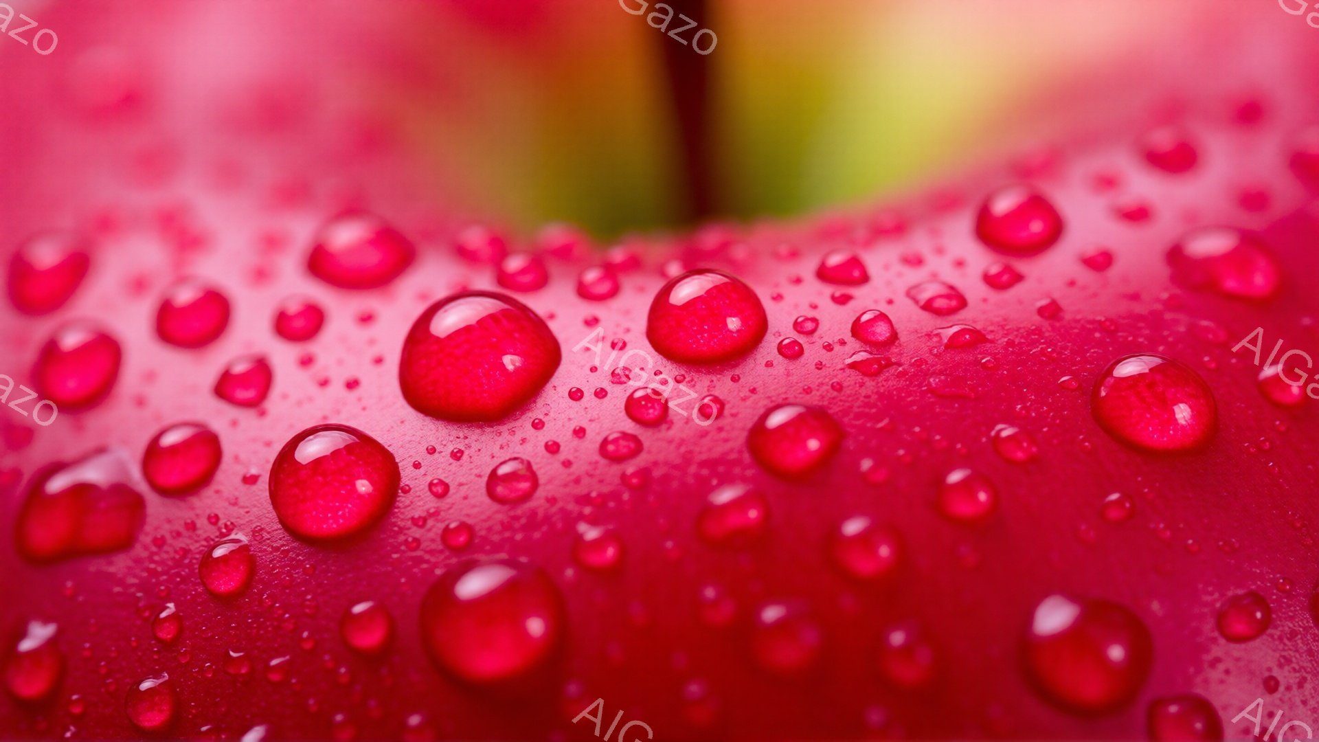 深い赤色のリンゴが画面を埋め尽くし、表面には丸い水滴が無数に付着している。水滴は光を反射し、まるで宝石のように輝いており、リンゴの鮮やかさを強調している。背景はぼかされており、リンゴそのものが焦点となっている。