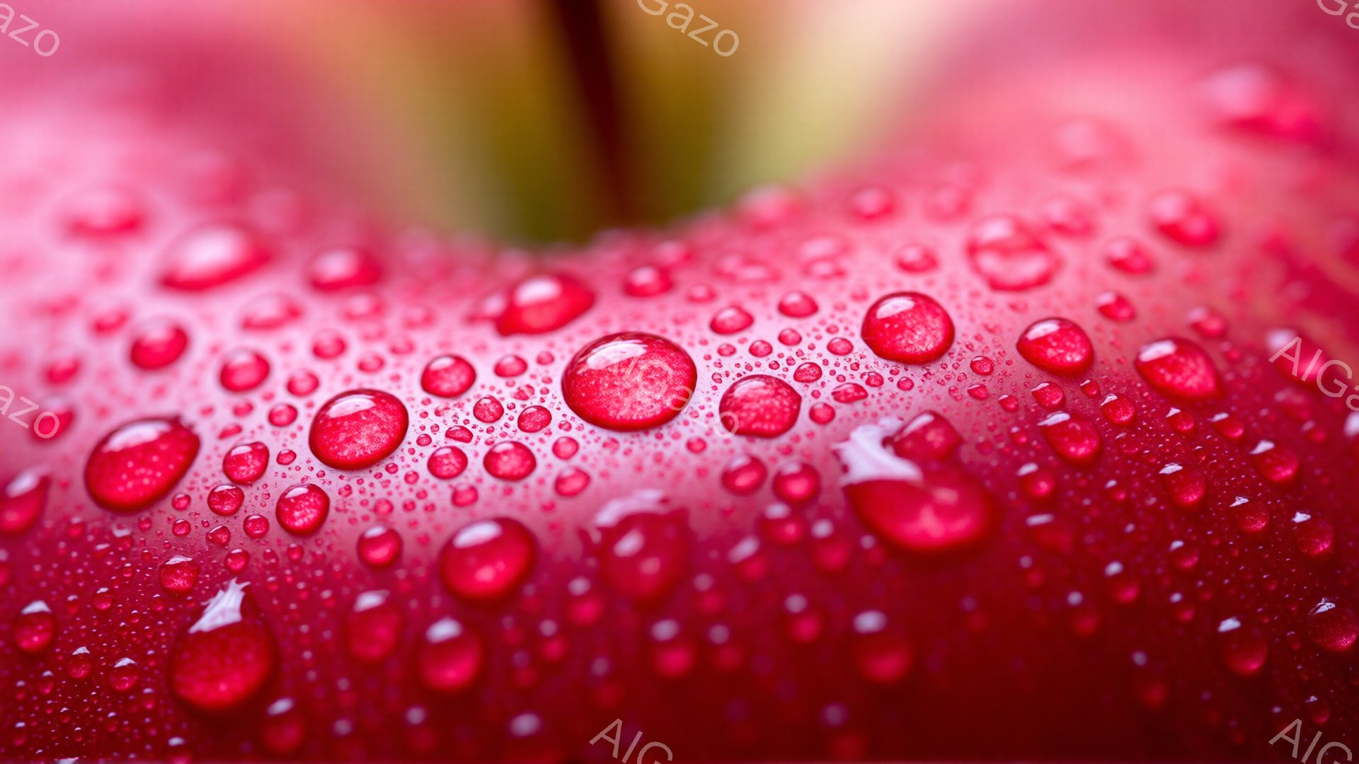 真っ赤なリンゴの表面が、大小さまざまな水滴で覆われているクローズアップ写真です。光が水滴に反射し、まるで宝石のようにキラキラと輝き、リンゴの鮮やかな赤色とのコントラストが美しいです。背景はぼやけており、リンゴの鮮烈な色彩と水滴の質感に視線が集中します。