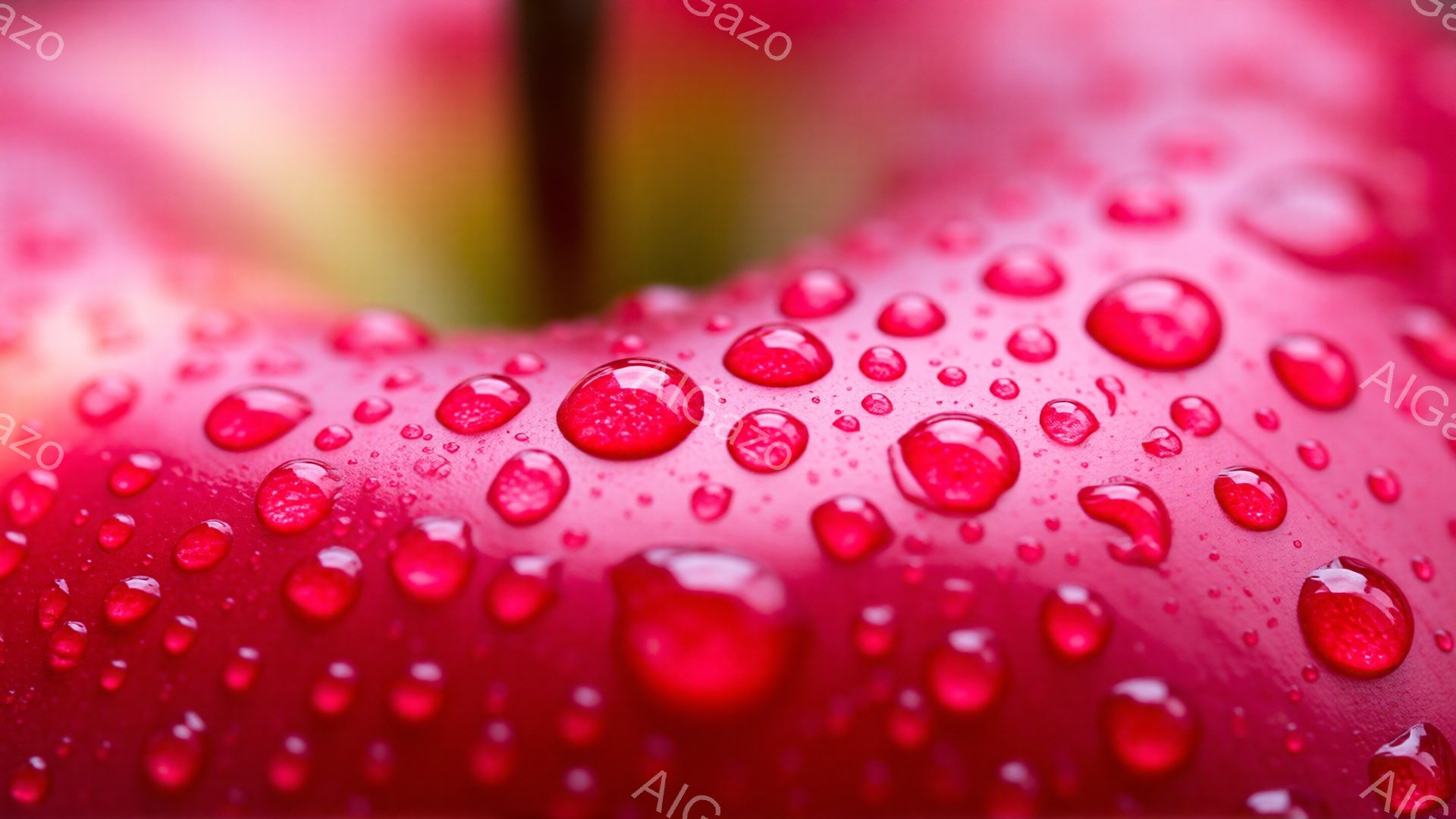 鮮やかな赤いリンゴの表面が、水滴で覆われています。水滴は丸く、光を反射して宝石のように輝いており、リンゴの鮮やかな赤色とコントラストをなしています。背景はぼやけており、リンゴの質感が強調された、みずみずしい雰囲気のクローズアップ写真です。