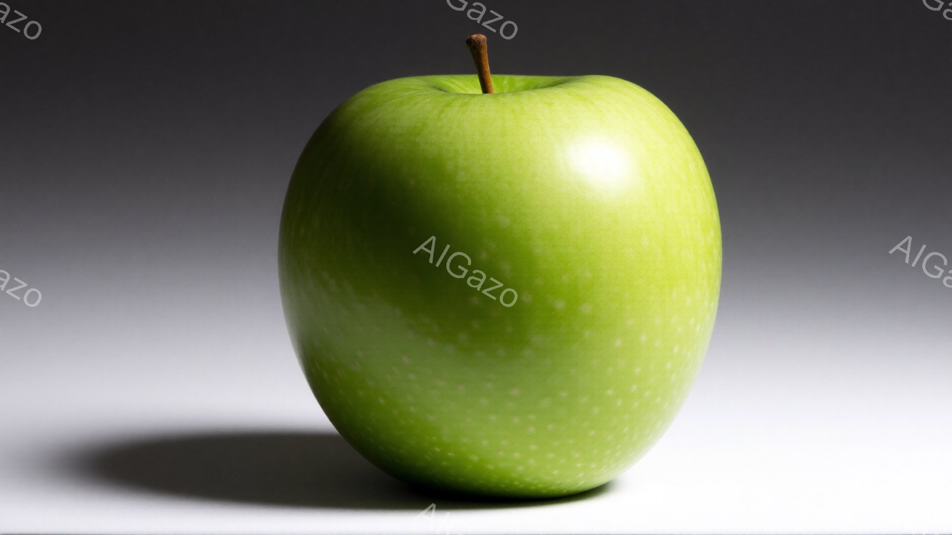鮮やかな緑色のリンゴが、白みがかった背景に浮かび上がっている。光がリンゴの表面で反射し、小さな斑点のような影が映り込み、立体感と質感を強調している。リンゴの影は、光の方向を示唆し、シンプルな構成の中で、リンゴの存在感を際立たせている。