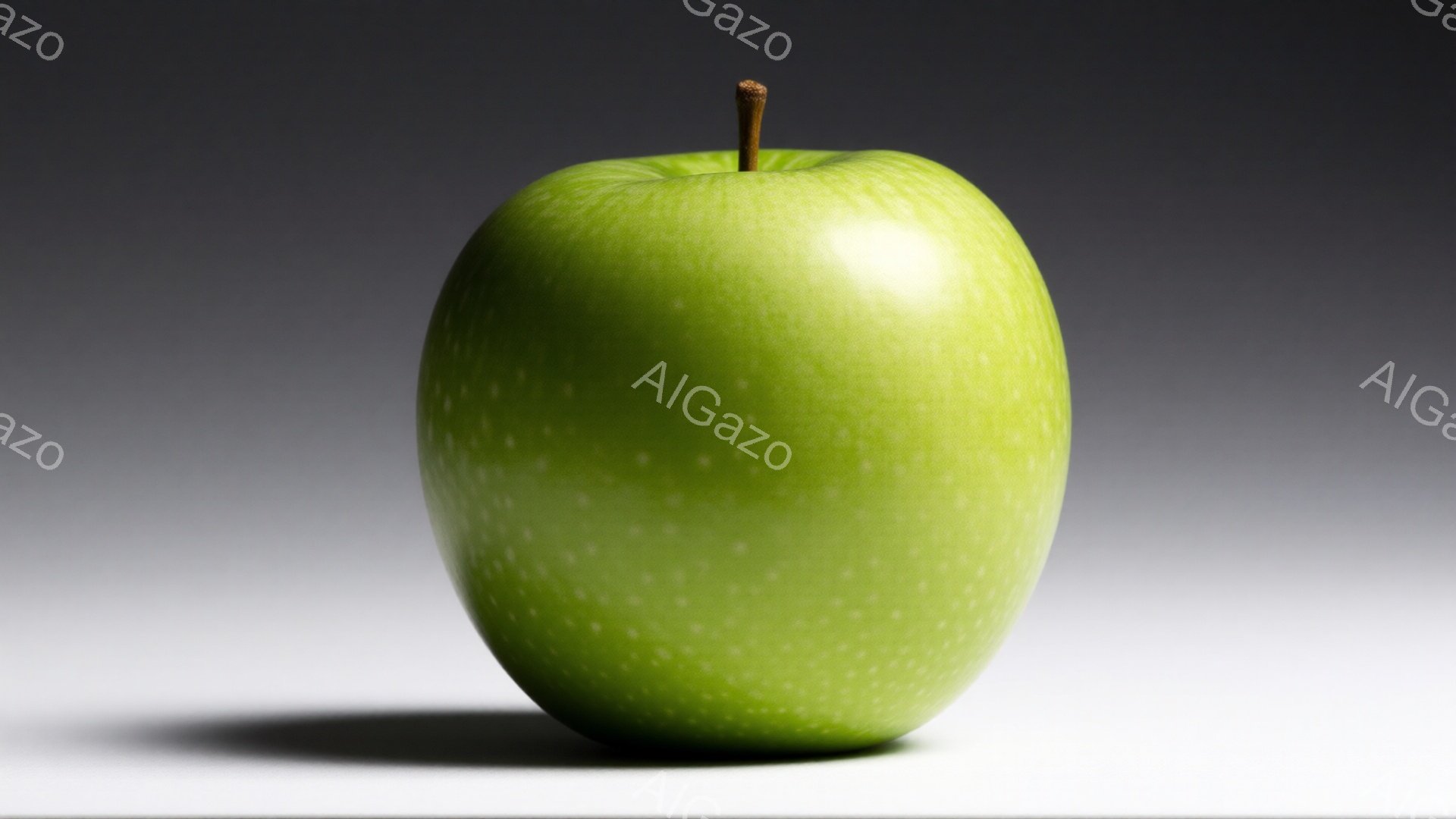 鮮やかな緑色のリンゴが、白い背景に配置されている。リンゴは光沢があり、表面には小さな斑点が見られる。影がリンゴの右側に伸びており、全体的にシンプルでミニマルな印象を与える。 - AI生成フリー素材