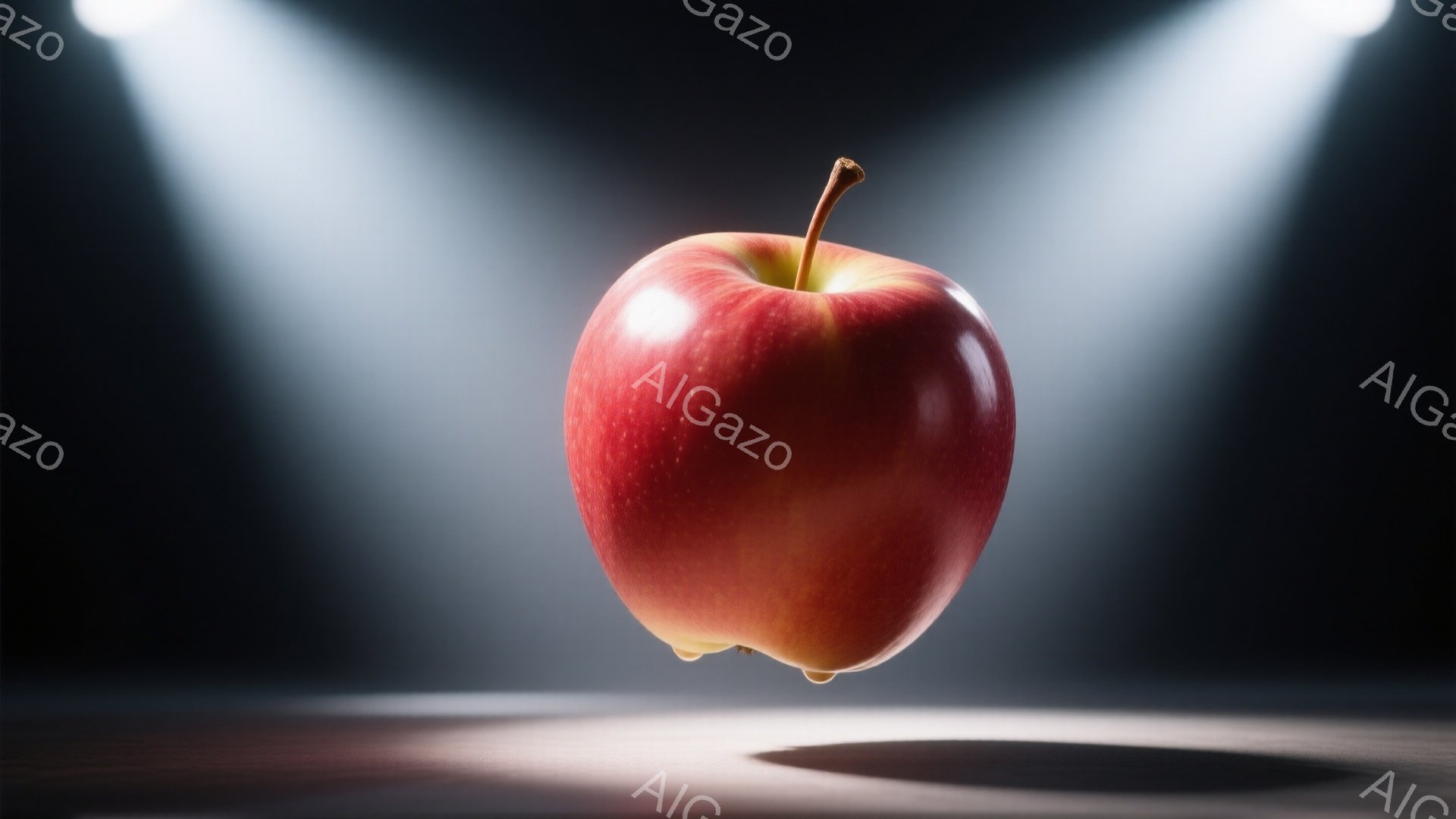 真っ赤なリンゴが暗い背景に浮かび上がり、スポットライトのような光が当たっています。リンゴの表面は滑らかで、わずかに光沢があり、下には薄い影が落ちています。全体的に、リンゴが強調され、シンプルな構図が印象的です。