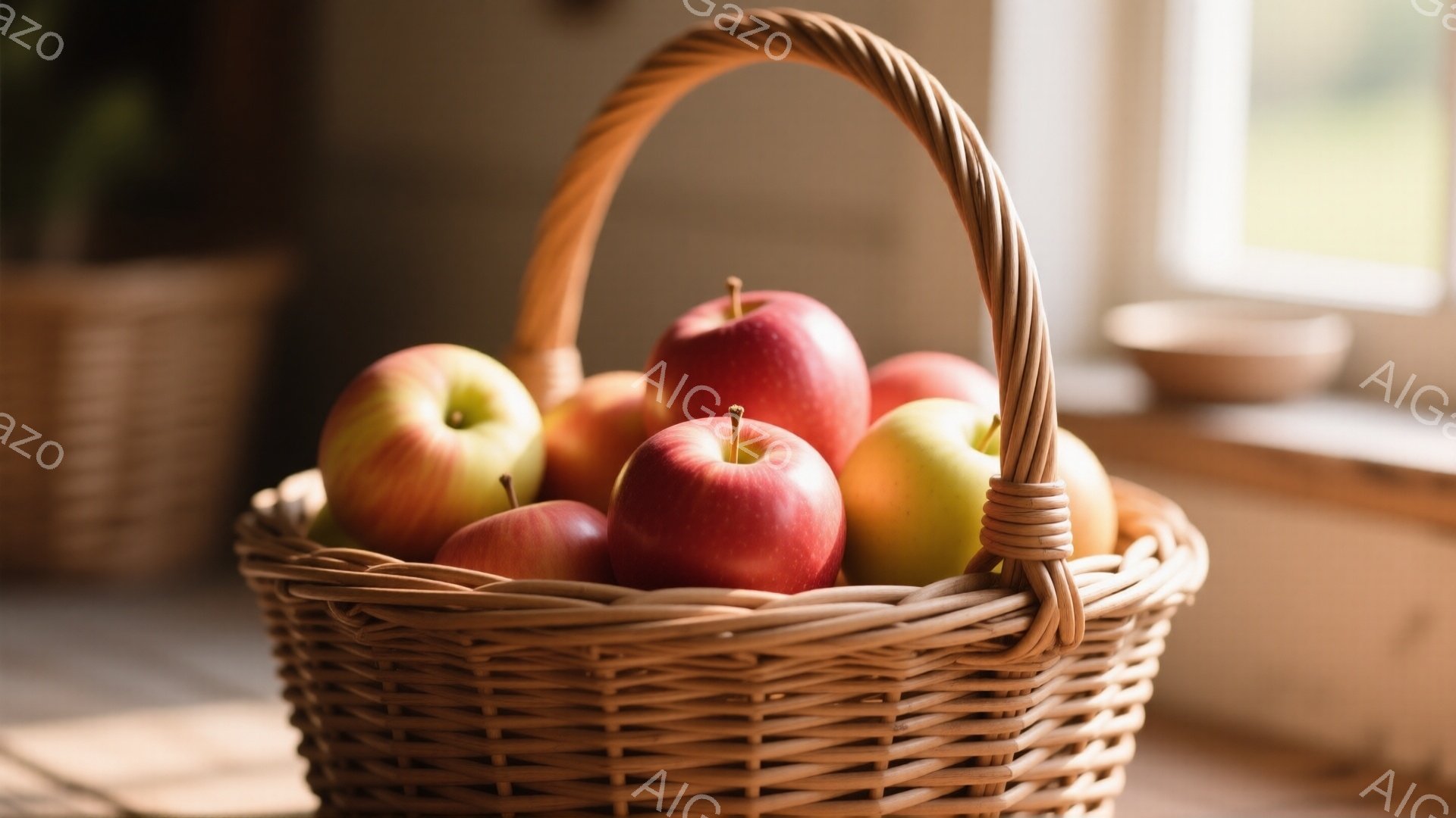 籠いっぱいの赤いリンゴが写っている。明るい日差しが差し込み、籠の編み目やリンゴの表面の質感が際立っている。背景にはぼんやりと窓と室内の一部が見え、全体的に温かく穏やかな雰囲気が漂っている。