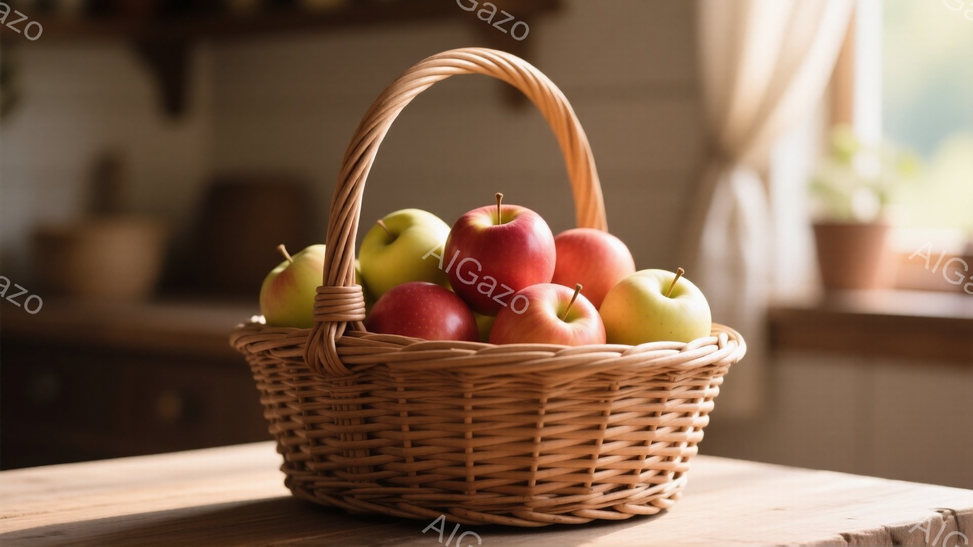 籠の中に、赤と緑のリンゴがぎっしりと詰まっています。木製のテーブルの上に置かれ、背景にはぼやけた窓と植物が見え、暖かく穏やかな雰囲気を醸し出しています。光が籠の編み目に差し込み、リンゴの鮮やかな色を引き立てています。