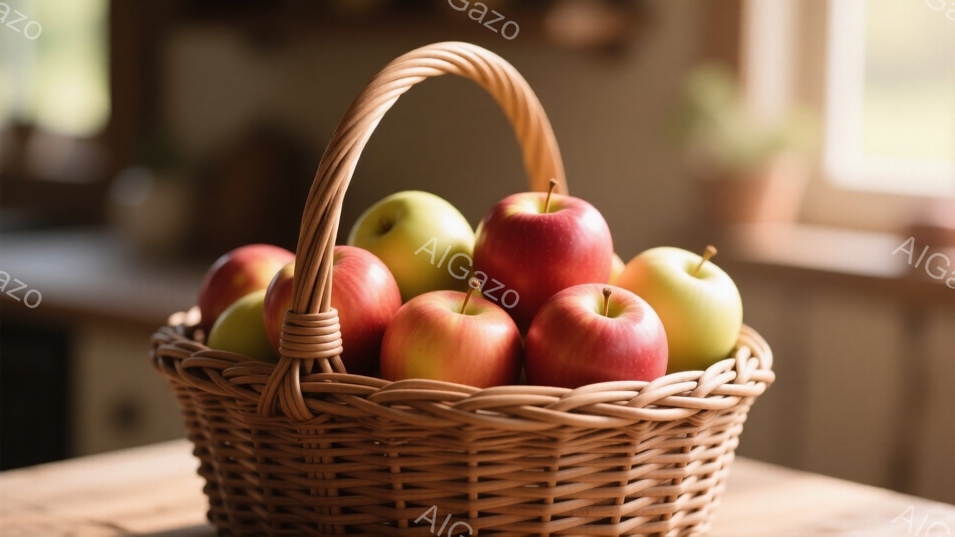 籠の中に赤や緑のリンゴがぎっしりと詰まっています。背景はぼやけていますが、木製のテーブルの上にあるようで、暖かく穏やかな雰囲気です。光が籠に当たっており、リンゴの鮮やかな色が際立っています。