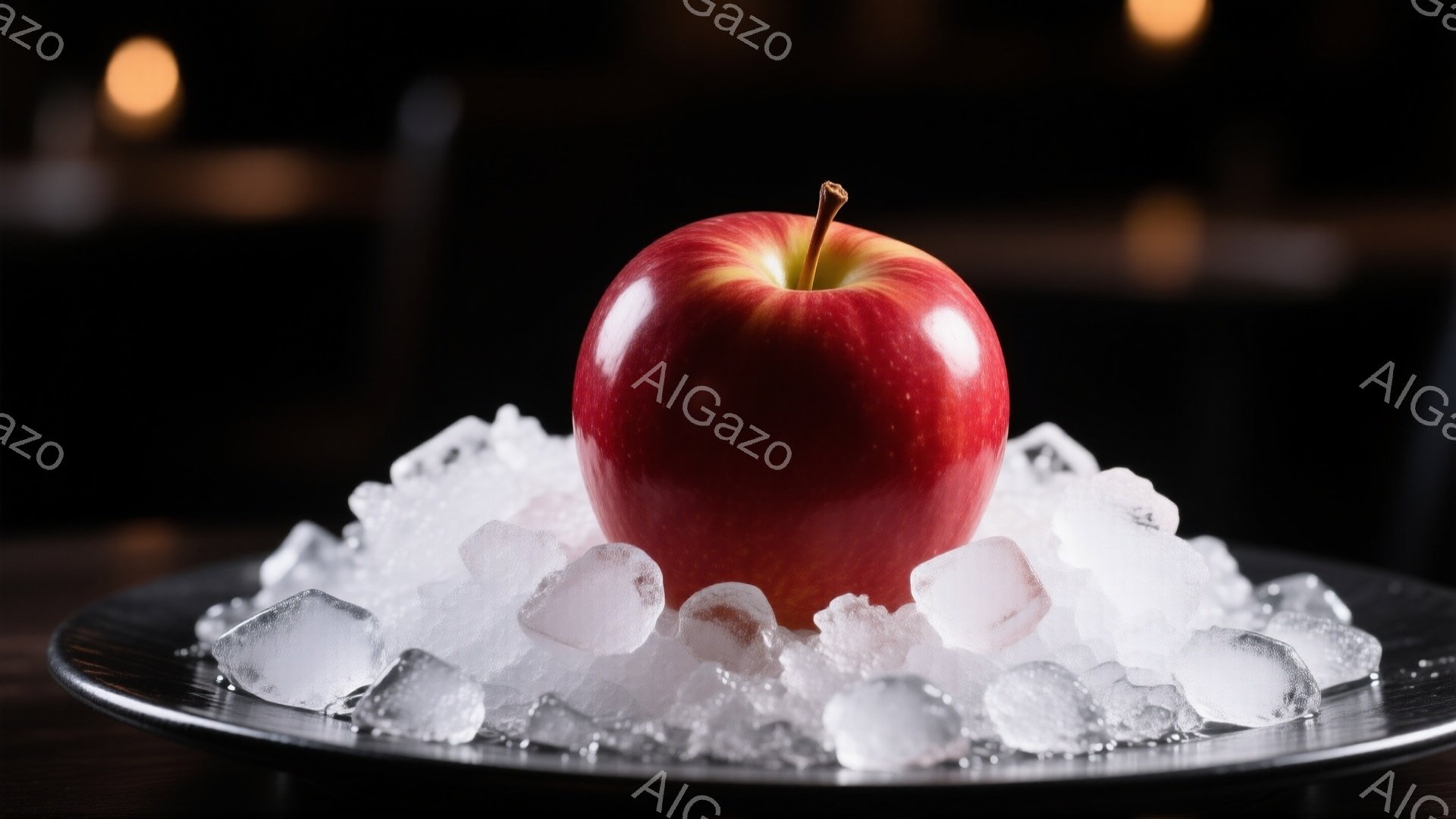 真っ赤なリンゴが、砕いた氷の上に置かれている。背景は暗く、皿とリンゴが照らされており、ドラマチックな雰囲気を醸し出している。氷の冷たさとリンゴの鮮やかな赤色が対照的で、視覚的に訴えるイメージである。