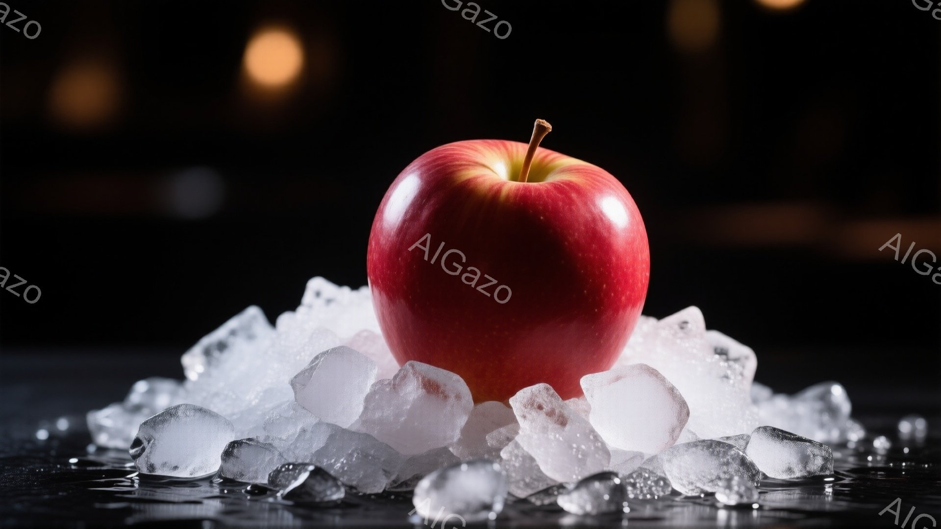 真っ赤なリンゴが、砕いた氷の上に置かれている。背景は暗く、氷の冷たさとリンゴの鮮やかな色が際立っている。湿った氷の表面が、わずかな光を反射し、冷たい雰囲気を強調している。