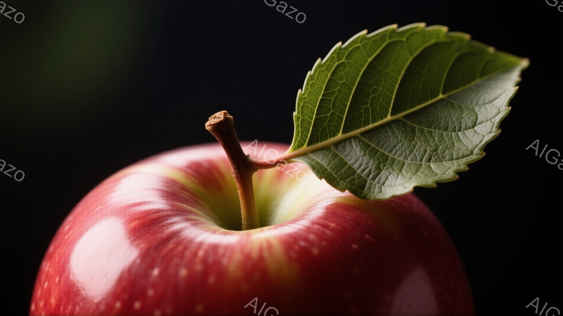 真っ赤なリンゴが画面の中心に大きく写っており、緑色の葉がリンゴの上部に添えられている。リンゴの表面には光沢があり、鮮やかな赤色とわずかな黄色が混ざり合い、瑞々しい印象を与える。背景は暗く、リンゴと葉っぱが際立って見えるように、被写界深度が浅く設定されている。