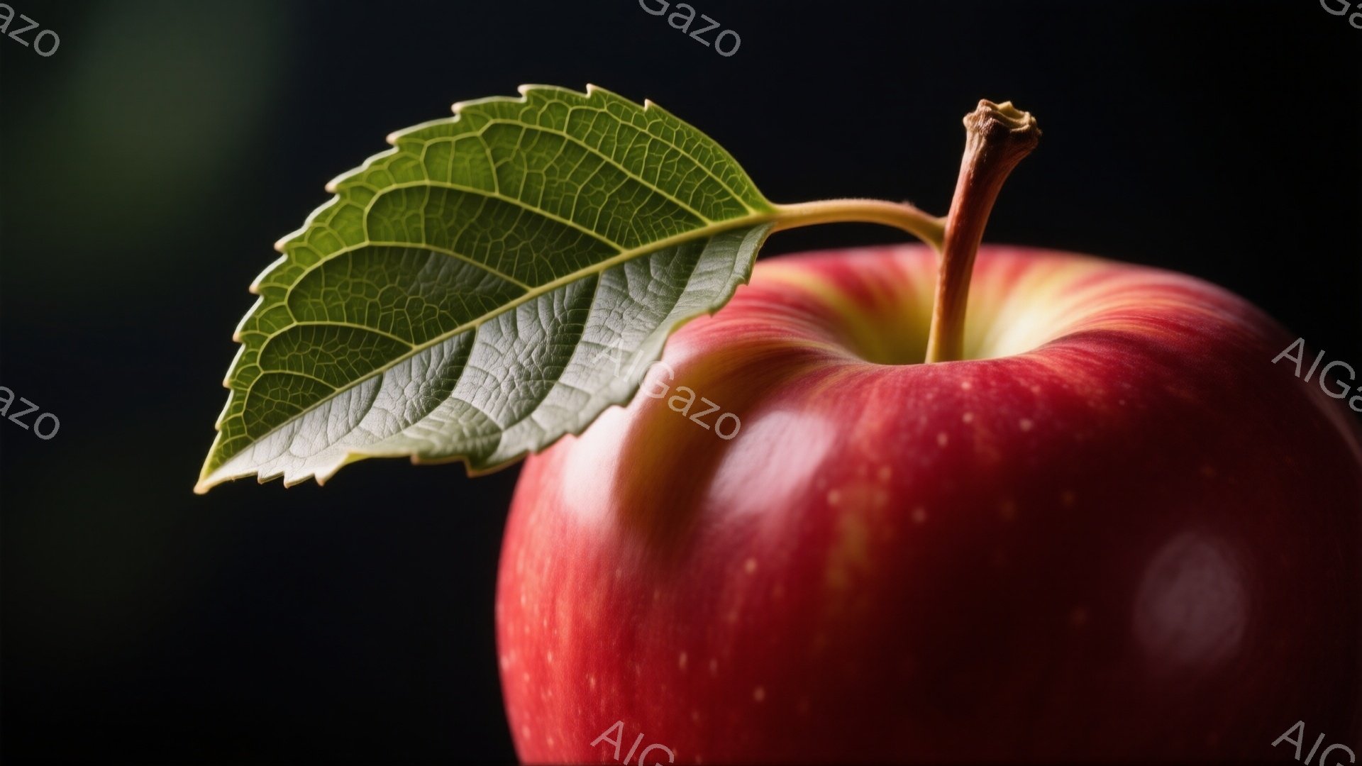 深紅色のリンゴが、鮮やかな緑色の葉と共に画面の大部分を占めている。リンゴは光を受けて艶やかに輝き、わずかに茶色の茎が特徴的である。背景は暗く、リンゴの鮮やかさを際立たせ、シンプルながらも洗練された雰囲気を醸し出している。