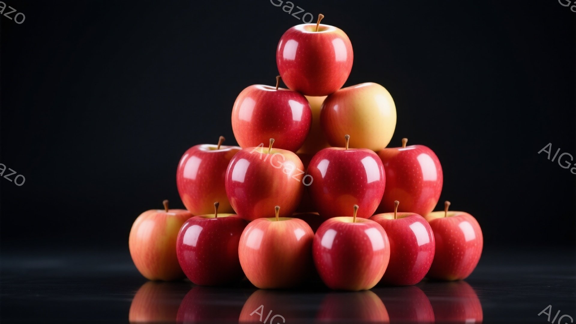 真っ赤なリンゴがピラミッド状に積み重ねられています。光沢のある表面が目立ち、背景の暗い色とのコントラストが強調されています。全体的に、シンプルで美しい静物画のような印象を与えます。