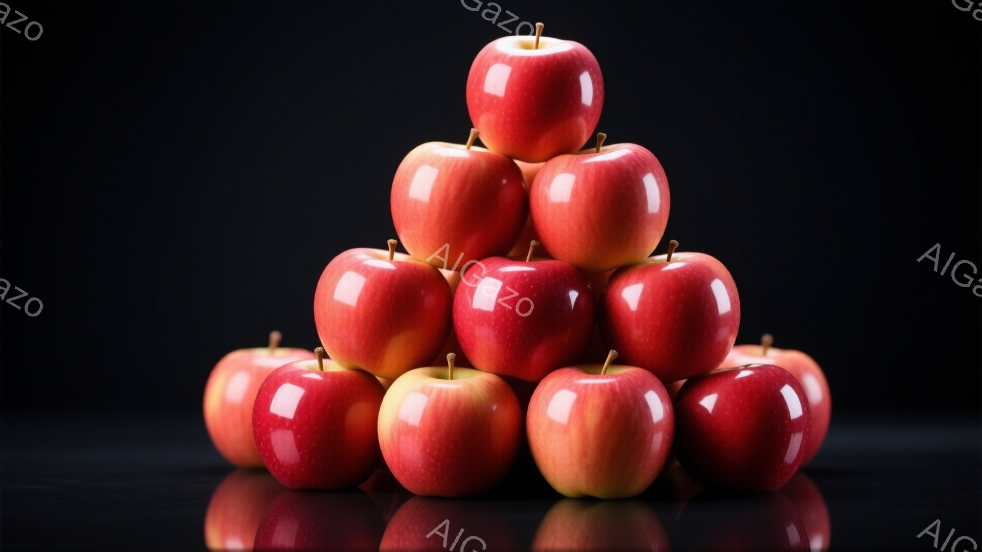 深い黒色の背景に、赤く光沢のあるリンゴが積み上げられています。リンゴはピラミッド型に配置され、光の反射が際立ち、瑞々しさを強調しています。全体的にシンプルでミニマルな構成であり、リンゴの自然な美しさが際立っています。