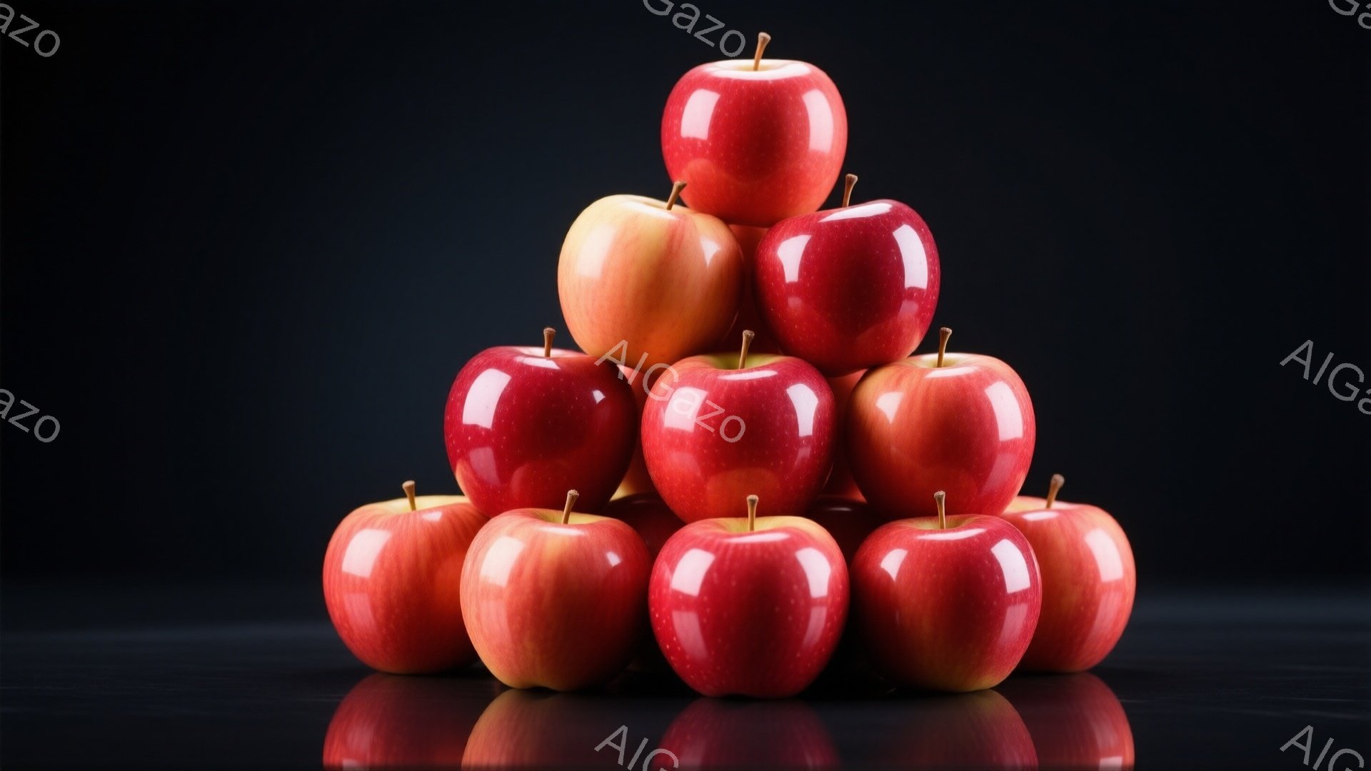 鮮やかな赤いリンゴが積み重ねられ、ピラミッドのような形を作っています。滑らかな表面は光沢があり、一部のリンゴにはわずかな緑色の混じりが見られます。背景は暗いグレーで、リンゴの反射が映り込み、静かで落ち着いた雰囲気を醸し出しています。