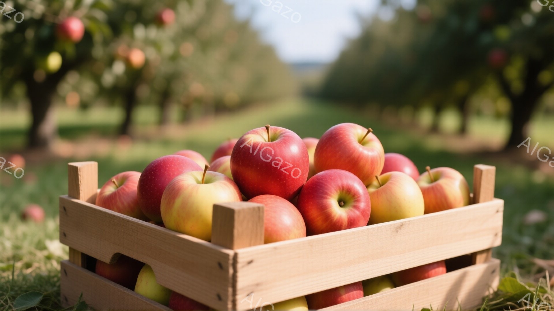 赤く熟したリンゴが木製の箱にぎっしりと詰まっています。箱は緑の草の上に置かれ、背景にはリンゴの木が並ぶ果樹園が広がっています。全体的に暖かく、豊かな収穫の雰囲気が漂う写真です。