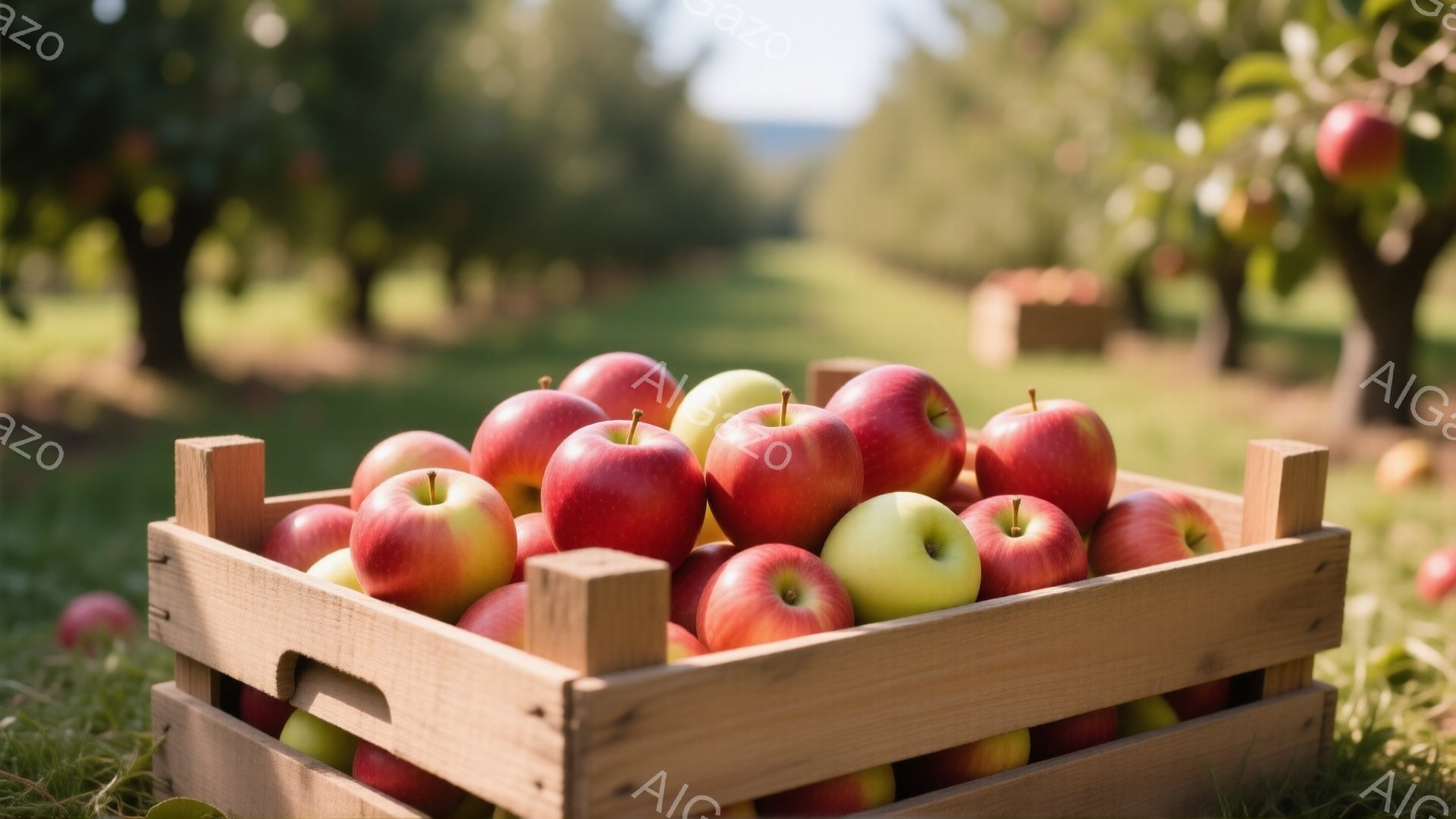 赤く熟したリンゴが木製の箱にぎっしりと詰まっています。背景には緑の芝生とぼやけたリンゴ園が広がり、暖かく穏やかな秋の雰囲気が漂っています。鮮やかな赤色と木製の箱の温かみが、収穫の喜びを表現しています。