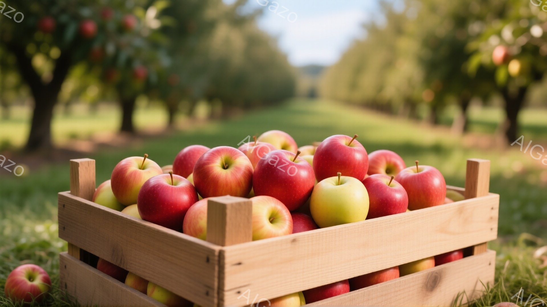 木の箱に真っ赤なリンゴと黄色いリンゴがぎっしりと詰まっています。箱は緑の草の上に置かれ、背景にはリンゴの木が並び、葉が茂っています。全体的に暖かく、収穫の喜びを感じさせる雰囲気です。