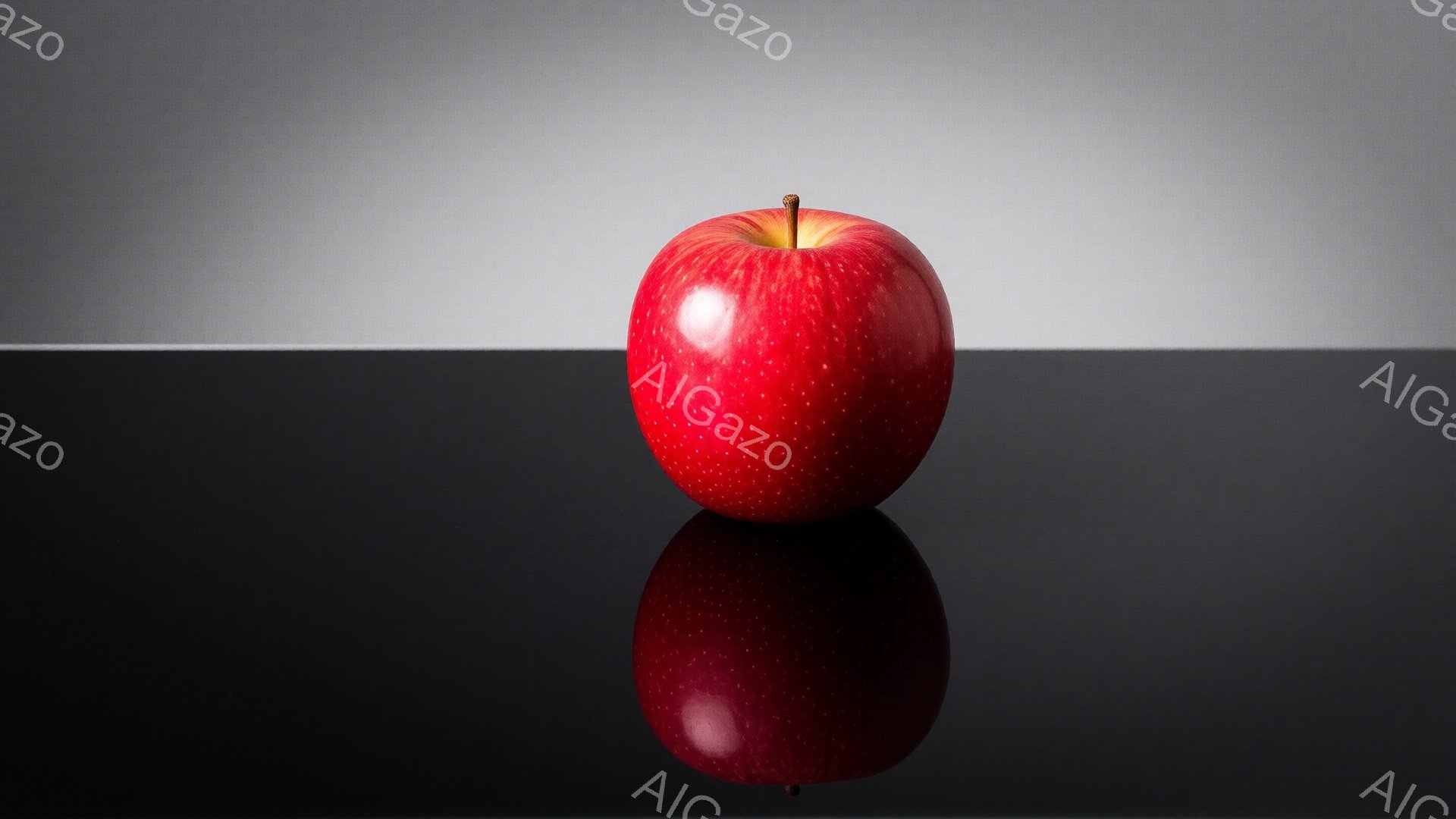 真っ赤なリンゴが、黒い台の上に置かれている。リンゴは光沢があり、反射が台面に映り込んでいる。背景はグレーで、全体的に落ち着いた、ミニマルな印象を与える画像である。 - AI生成フリー素材