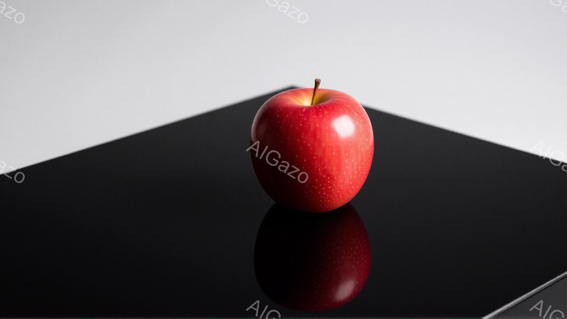 真っ赤なリンゴが、黒い光沢のある台の上に置かれています。リンゴは鮮やかで、表面にわずかな光沢があり、光を反射しています。背景は白から黒へのグラデーションで、リンゴの鮮やかさを際立たせています。 - AI生成フリー素材
