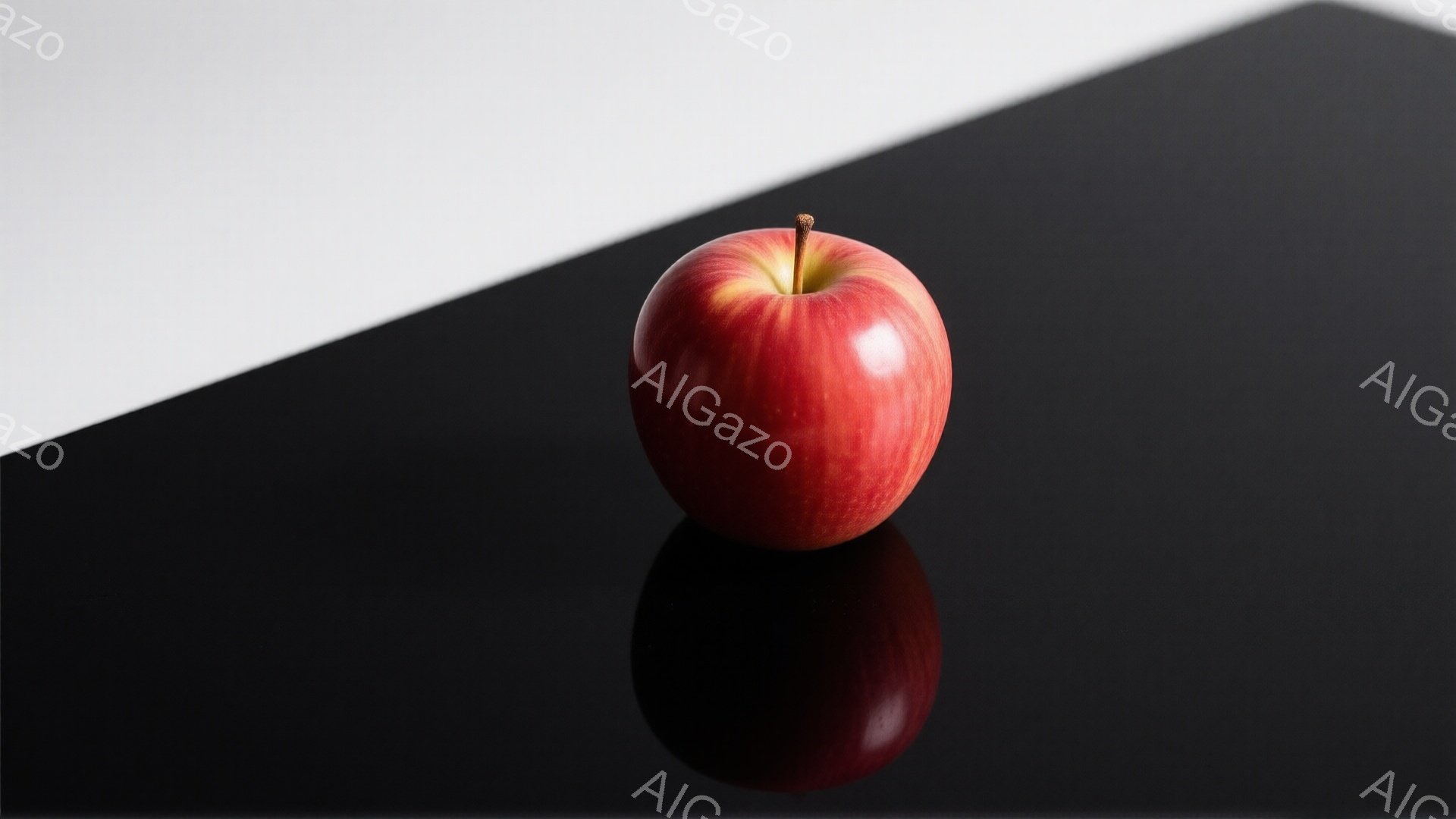 深紅色のリンゴが黒い面に置かれ、その鮮やかな色彩が際立っている。リンゴの表面には光が反射し、滑らかでつややかな質感が強調されている。背景は単調な黒と白のグラデーションで、リンゴが際立つように設計されて - AI生成フリー素材