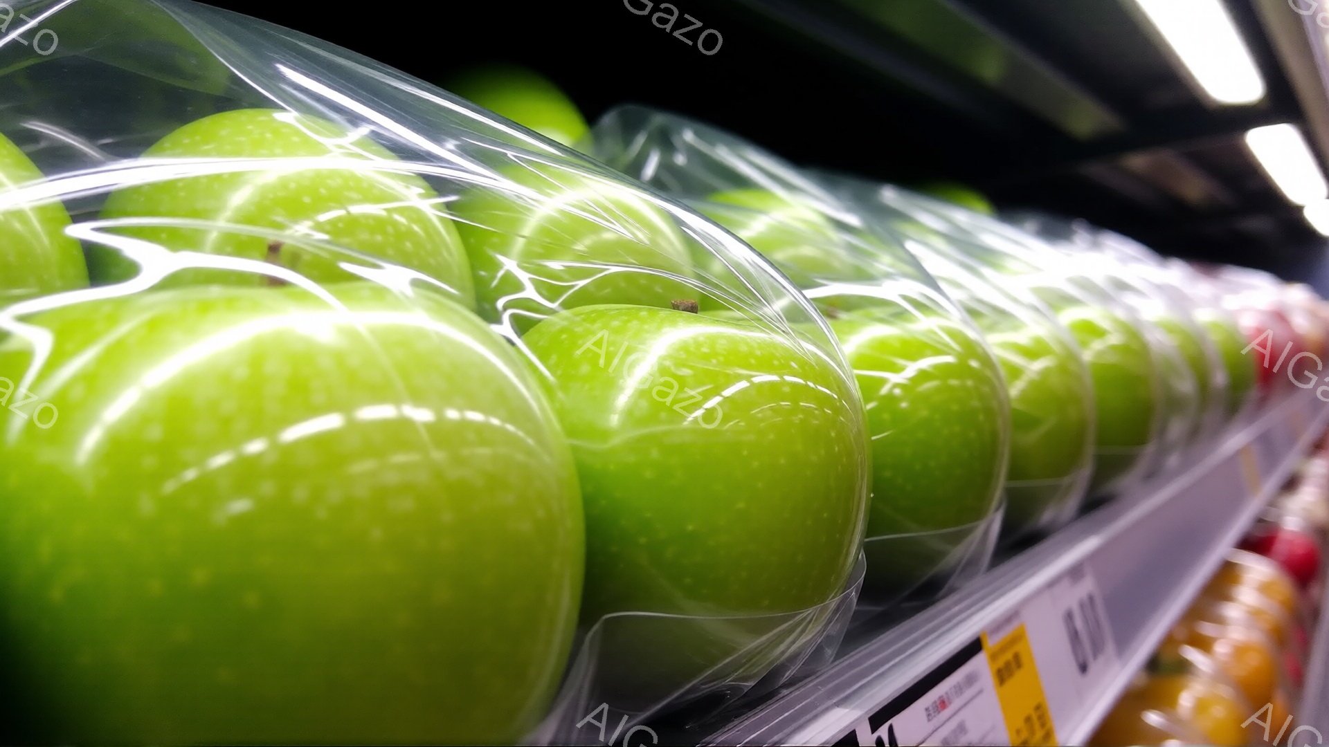 画像には、透明なプラスチックの包装で包まれた緑色のリンゴが棚に並べられています。リンゴは鮮やかで、表面には自然な光沢があり、下には価格タグが見えます。全体的に、スーパーマーケットや食料品店の一角の様子で、清潔で整理整頓された雰囲気が漂っています。