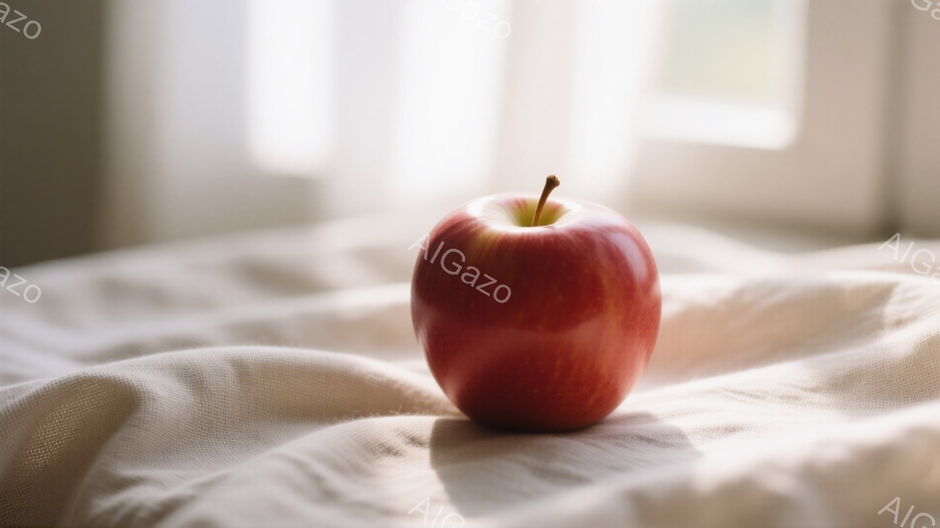 赤いリンゴが、シワのある白い布の上に置かれている。光がリンゴに当たり、影が布の上に伸びている様子が捉えられている。背景はぼやけており、窓からの自然光が差し込んでいることがわかる。 - AI生成フリー素材