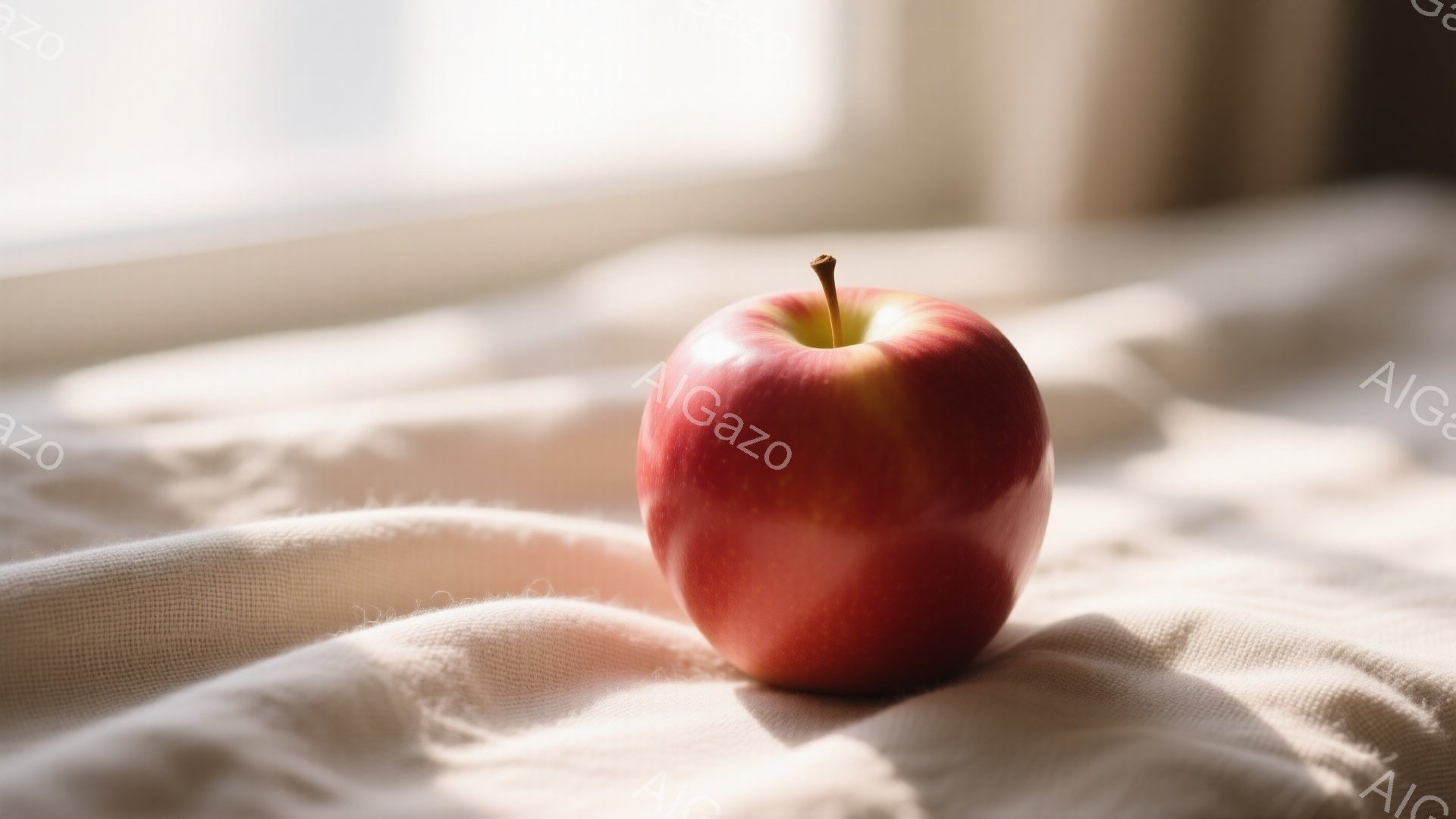 赤いリンゴが白い布の上に置かれている。光が布に当たり、柔らかい影を作り出している。背景はぼやけており、光が差し込む窓が見えることで、静かで穏やかな雰囲気が漂っている。 - AI生成フリー素材