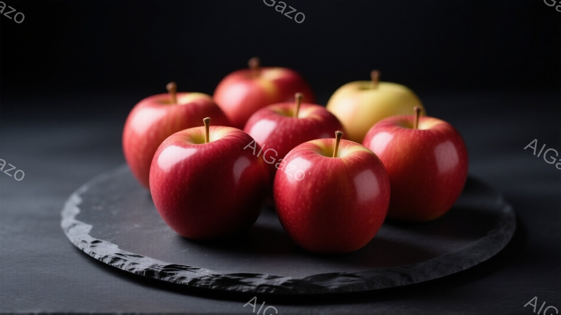 鮮やかな赤いリンゴが、黒い円盤状のプレートの上に並べられています。リンゴは丸みを帯びており、表面には光沢があり、美味しそうに見えます。背景は暗く、リンゴが引き立つように配置されており、全体的に落ち着いた雰囲気です。
