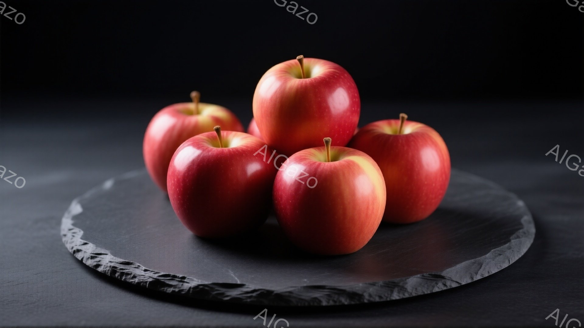 画像には、黒い円形の石板の上に、赤いりんごが四つ並べられています。りんごは鮮やかで、表面には自然な赤みが広がっており、一部に黄色みが混じっています。背景は暗く、りんごが際立っており、全体的に落ち着いた雰囲気です。