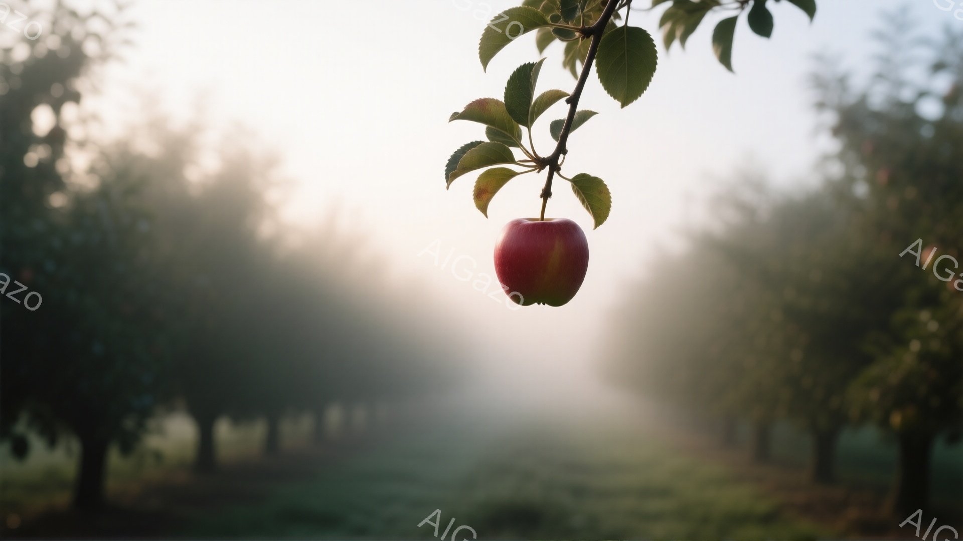 深い緑の葉に支えられた鮮やかな赤いリンゴが、霧のかかった果樹園の中に浮かび上がっています。背景はぼやけており、木々のシルエットと朝の光が柔らかい雰囲気を醸し出しています。全体的に穏やかで静謐な、自然の美しさを捉えた一枚です。