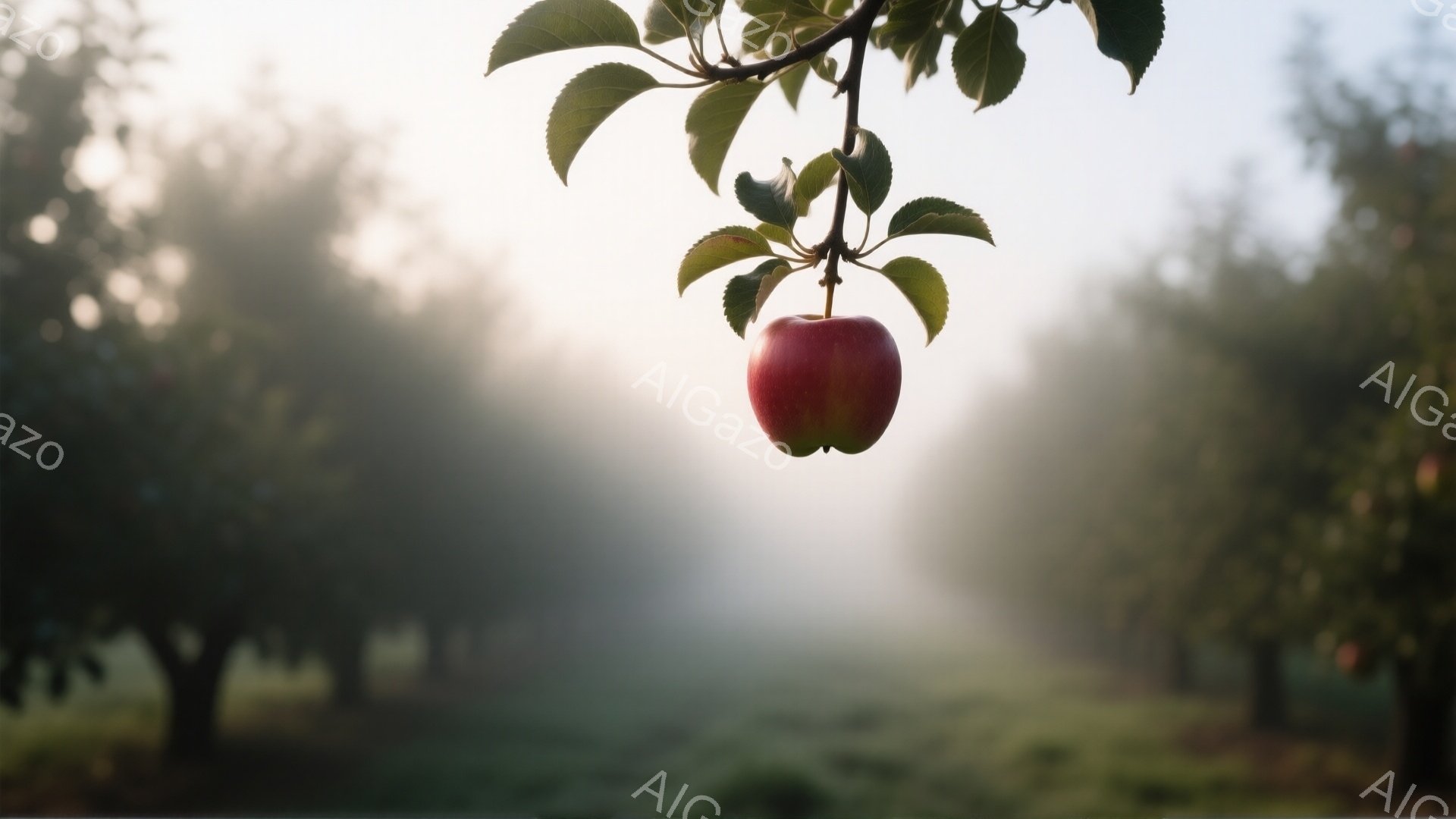 赤く熟したリンゴが枝につるされており、周囲には緑の葉が茂っている。背景は朝靄のかかった森林で、木々のシルエットがぼんやりと見え、全体的に穏やかで静謐な雰囲気を醸し出している。光はリンゴと葉を照らし、その鮮やかさを際立たせている。