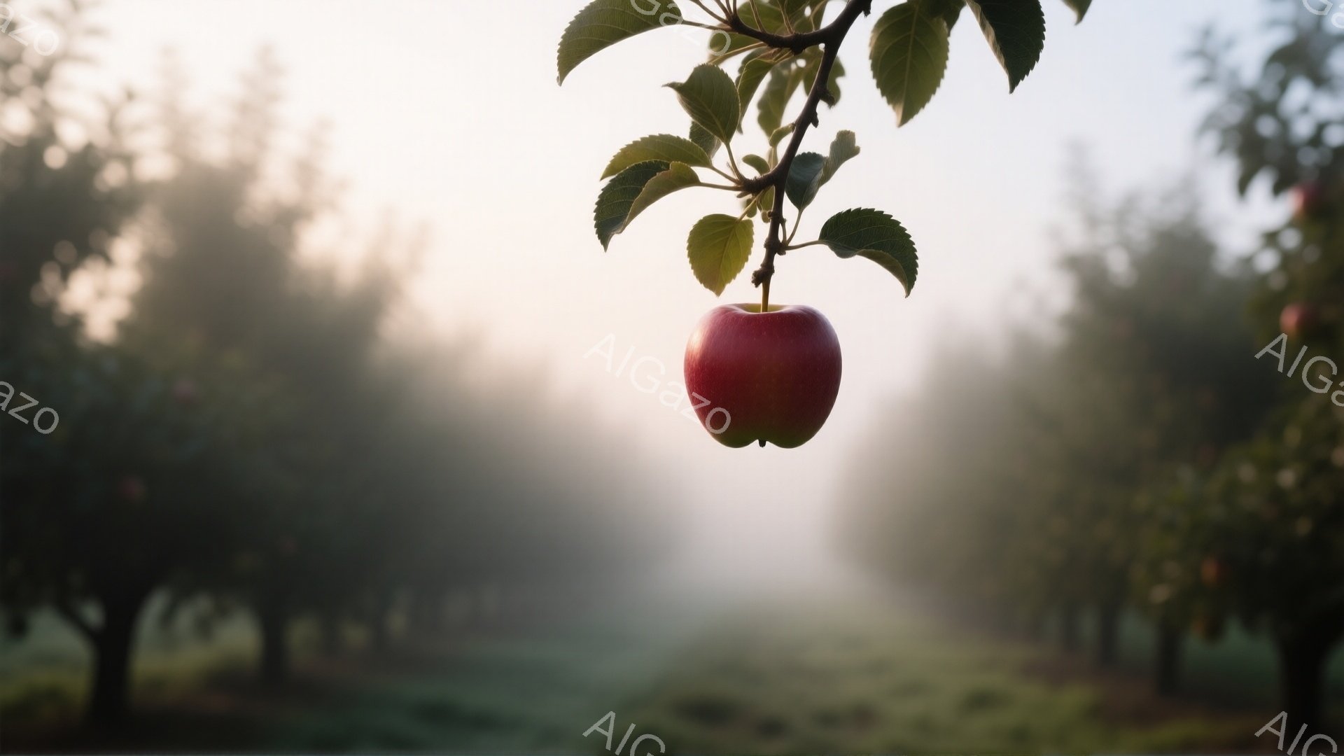 鮮やかな赤いリンゴが枝につるされており、周囲は霧に包まれた果樹園である。背景は緑豊かな木々がぼんやりと見え、朝の柔らかな光が差し込んでいる。全体的に穏やかで幻想的な雰囲気が漂う。