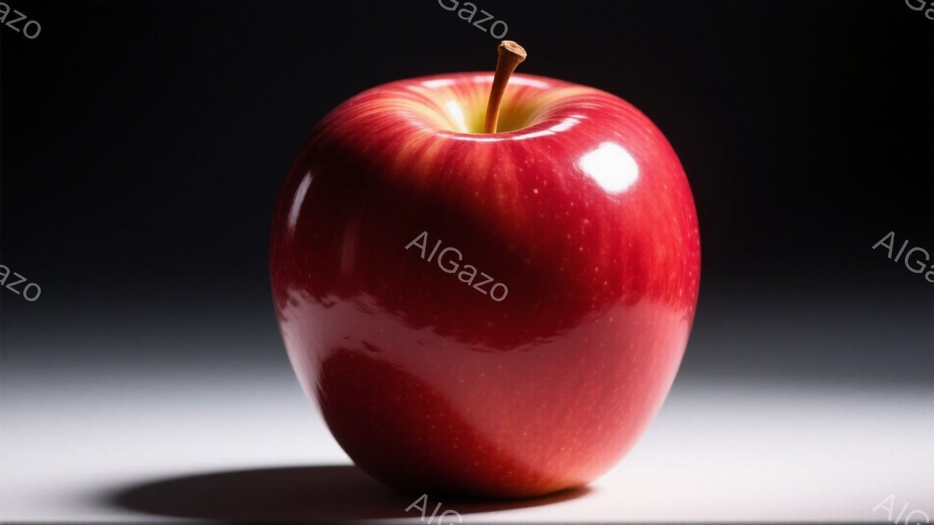 真っ赤なリンゴが、白い背景に影を落として配置されている。表面は光沢があり、わずかに赤みがかった黄色い部分が見える。全体的に、シンプルでクリーンな印象を与える静物画である。