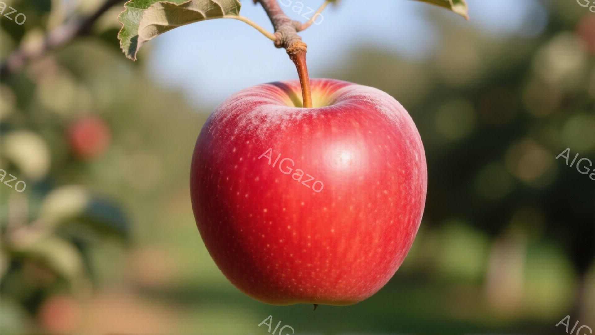 赤く熟したリンゴが枝につるされており、葉っぱが背景にぼやけて見える。リンゴの表面には微かな光沢があり、自然な色合いが際立っている。背景は緑豊かな木々で、晴れた日の穏やかな雰囲気が漂っている。