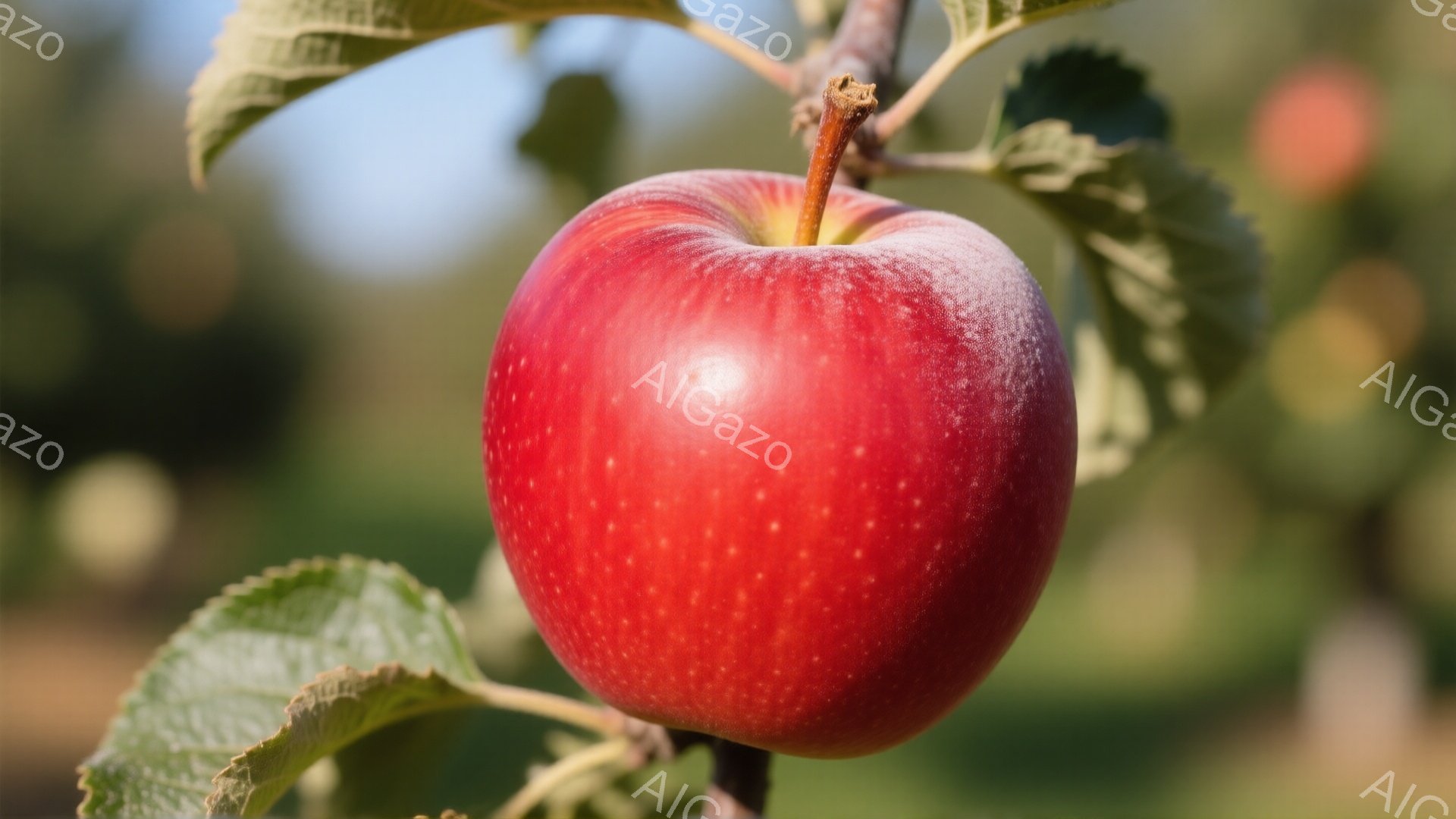 赤く熟したリンゴが枝に実っている。鮮やかな赤色と光沢があり、葉っぱとのコントラストが美しい。背景は緑色の葉とぼやけた光で、秋の穏やかな雰囲気を醸し出している。