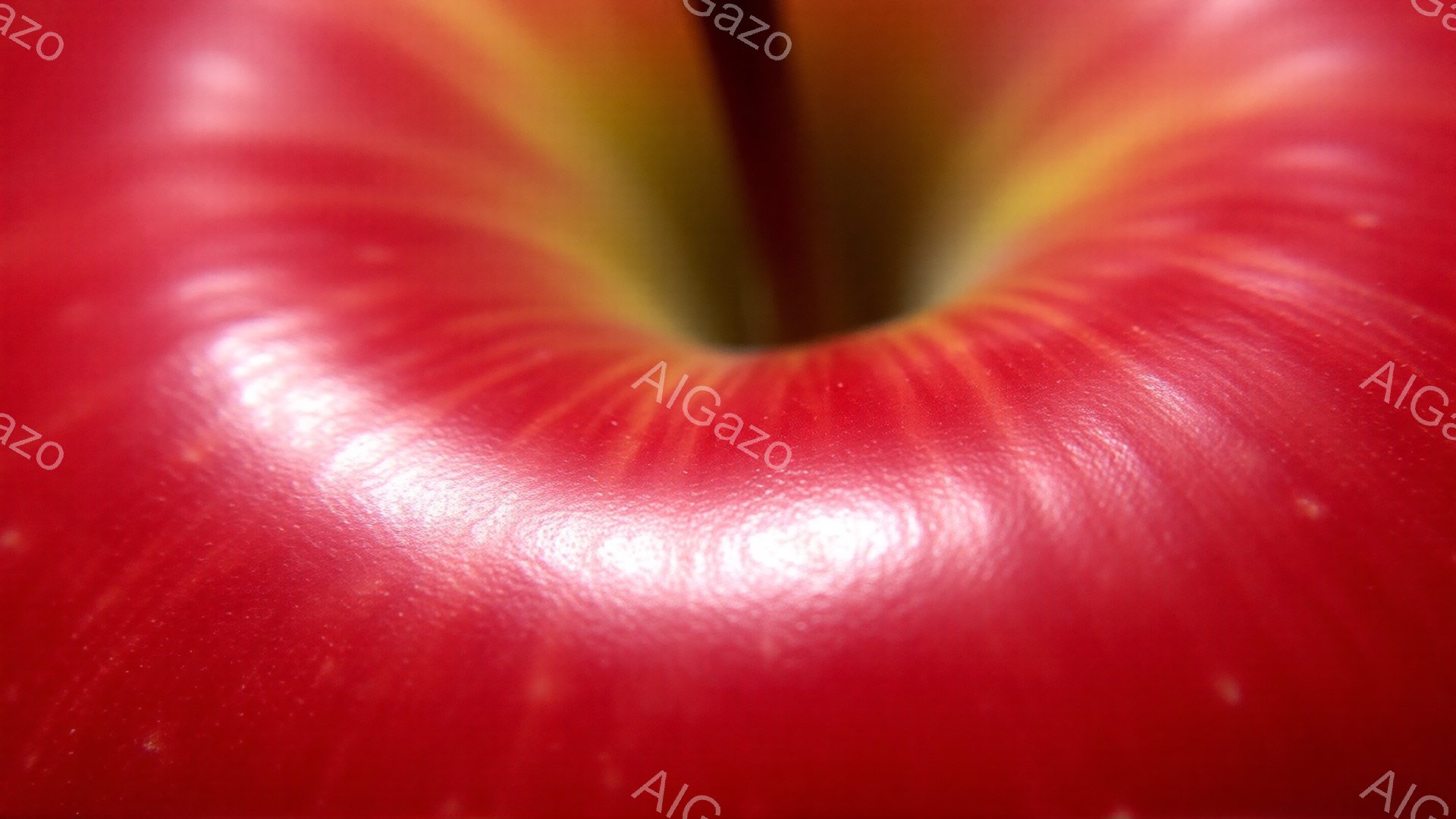 真っ赤なリンゴの断面が画面いっぱいに広がっており、特に芯の部分と周囲の果肉の質感に焦点が当てられている。光沢のある赤い果肉は滑らかで、わずかに白い斑点が見て取れる。背景はぼやけており、リンゴの鮮やかな色彩とテクスチャが際立っている。