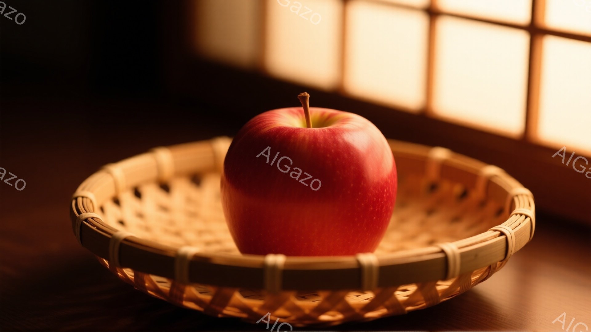 赤いリンゴが、竹細工の浅いお皿の中に置かれている。背景には、障子を通して差し込む柔らかな光が暖かさを演出し、落ち着いた雰囲気を醸し出している。リンゴの鮮やかな赤と竹細工の自然な色合いが調和し、静かで素朴な美しさを感じさせる。