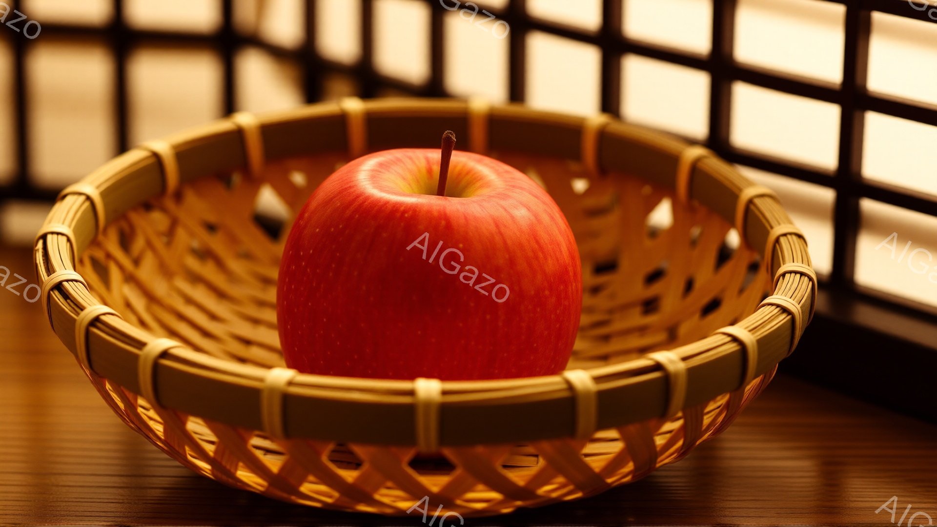 赤いリンゴが竹編みの籠の中に置かれています。籠は木製のテーブルの上にあり、背景には和風の格子模様が見えます。全体的に暖色系の色調で、静かで落ち着いた雰囲気が漂っています。 - AI生成フリー素材