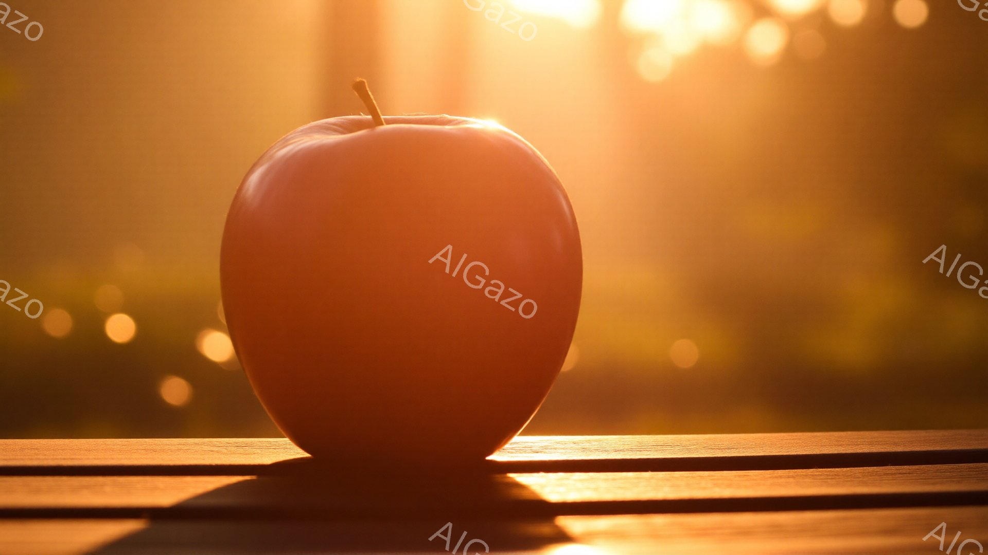 鮮やかなオレンジ色のリンゴが、木製のテーブルの上に置かれています。背景はぼやけた光で満たされており、夕暮れのような暖かく穏やかな雰囲気を醸し出しています。リンゴの光沢と背景のぼかしが組み合わさり、どこか懐かしい、優しい印象を与えます。