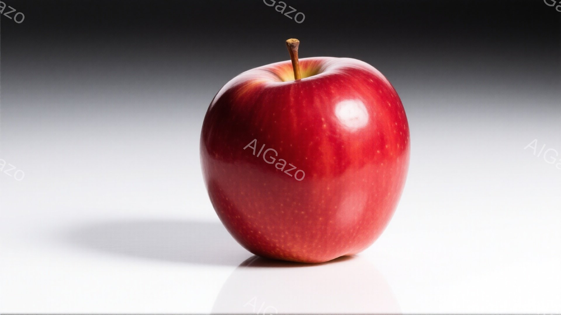 深い赤色のリンゴが、白い背景に浮かび上がっています。表面は滑らかで、光沢があり、わずかに影が落とされています。背景はグラデーションになっており、リンゴが際立って見えます。