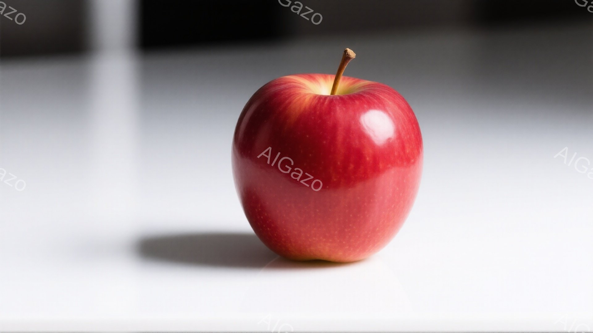 真っ赤なリンゴが白い背景に置かれている。光沢があり、表面には細かい斑点が見られる。リンゴの下には影が薄く映っており、シンプルでクリーンな印象を与える。