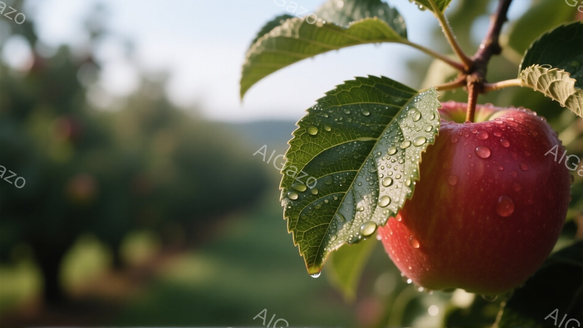 鮮やかな赤いリンゴが、水滴のついた緑の葉と共に枝にぶら下がっている。背景は緑豊かな自然で、ぼやけた山々が見え、雨上がりのしっとりとした雰囲気が漂う。全体的に、自然の美しさと瑞々しさを感じさせる、静かで穏やかな情景である。