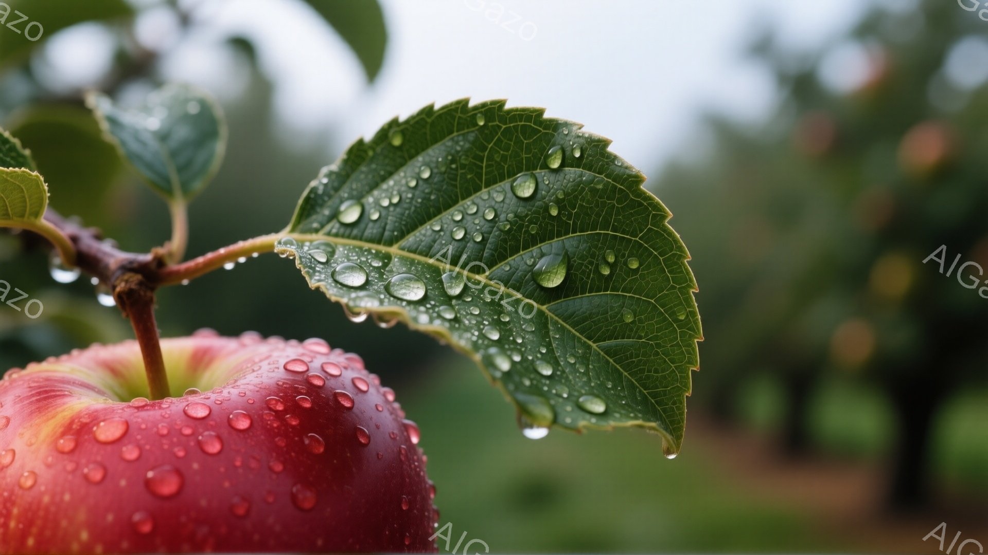 鮮やかな赤いリンゴが枝に実り、葉の上には雨粒が輝いている。背景は緑豊かな植物で覆われ、ぼやけた木々が遠くに見える。全体的に、雨上がりの自然の清々しさを感じさせる、静かで美しい光景である。