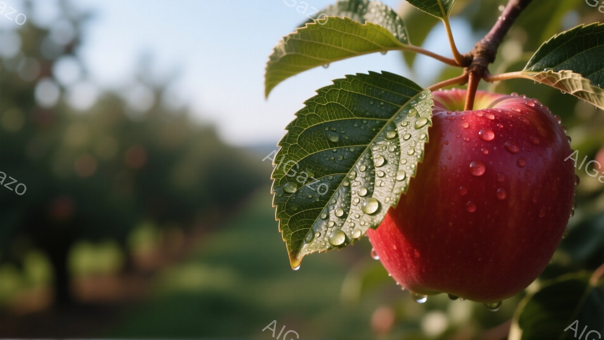 真っ赤なリンゴが、水滴をまとう緑の葉に支えられている様子が捉えられています。背景はぼやけた緑色の風景で、おそらく果樹園の一部のようです。全体的に湿り気があり、雨上がりの爽やかな雰囲気が漂っています。