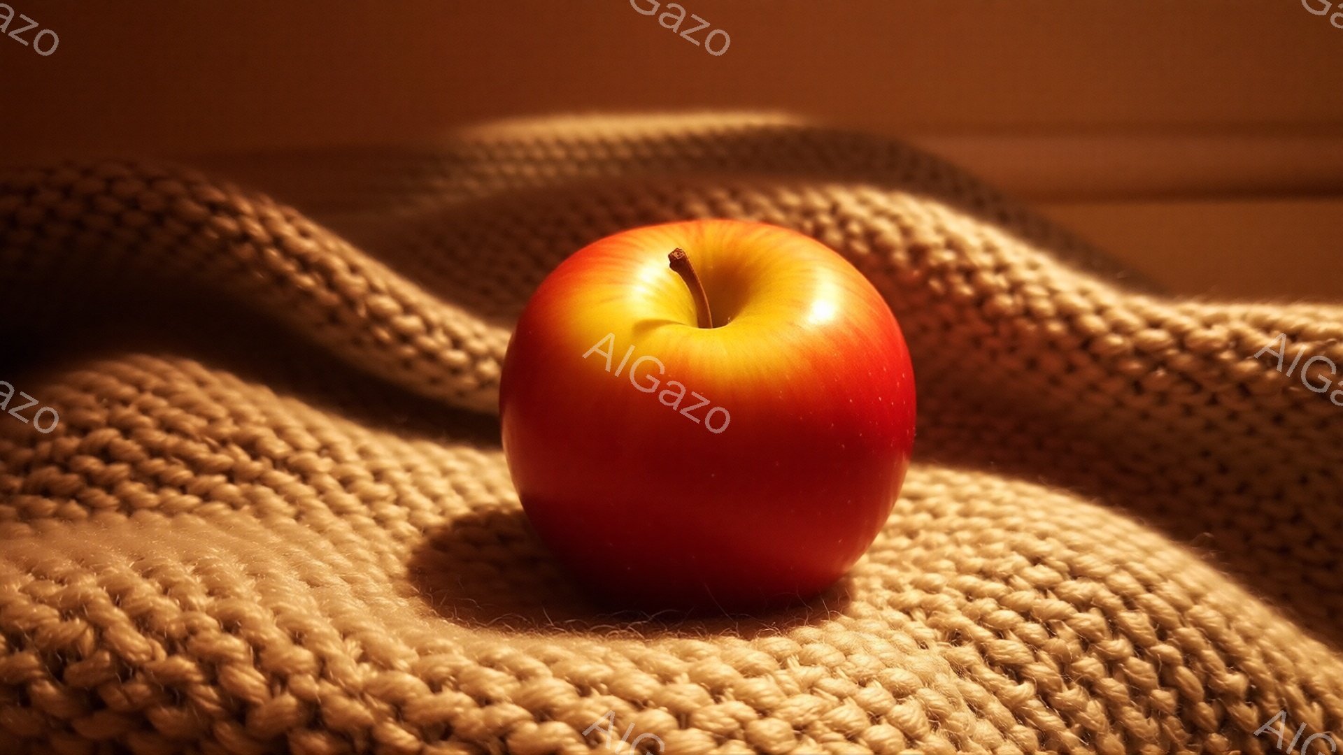 鮮やかな赤いリンゴが、温かみのあるベージュ色の編み物の背景の上に置かれています。リンゴは丸みを帯びており、表面は光沢があり、わずかに影が落ちています。全体的に、暖かく、落ち着いた雰囲気で、秋や冬の季節を連想させます。