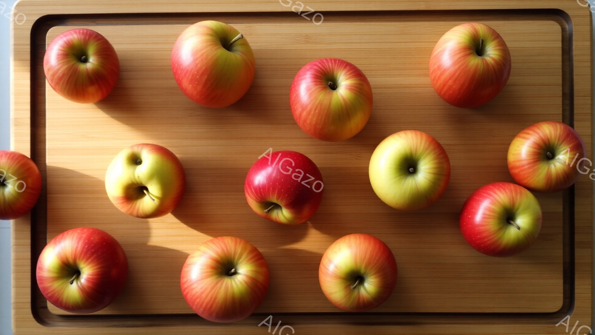 鮮やかな赤と黄色の縞模様が特徴的なリンゴが、明るい木製のボードの上に整然と並べられています。リンゴは均一な大きさで、それぞれが自然光の中で影を落としています。背景は単調で、リンゴの鮮やかな色彩が際立っており、全体的に清潔感のある、食欲をそそる雰囲気です。