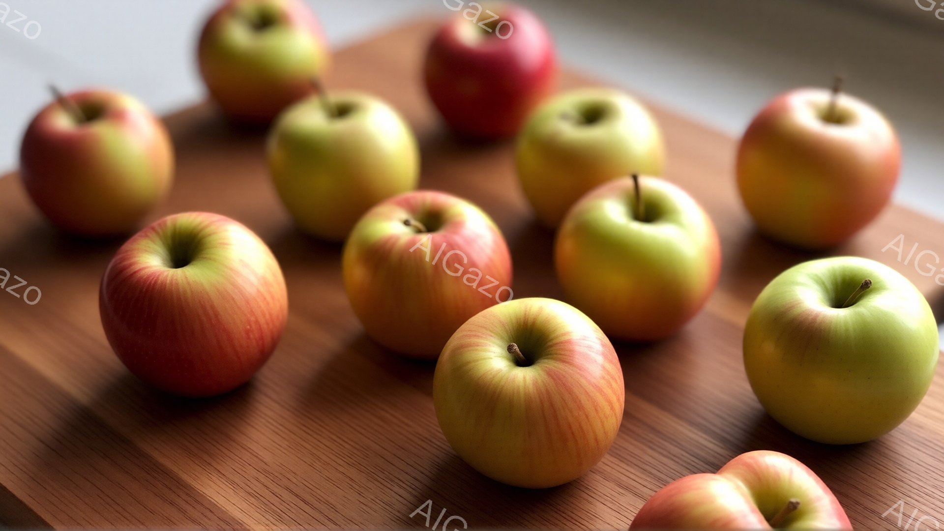 鮮やかな赤色や黄緑色のリンゴが、木製のテーブルの上に無秩序に並べられています。リンゴはそれぞれ異なる色合いを持ち、光沢があり、新鮮な印象を与えます。背景はぼやけており、リンゴが際立っており、全体的に暖かく、自然な雰囲気が漂っています。