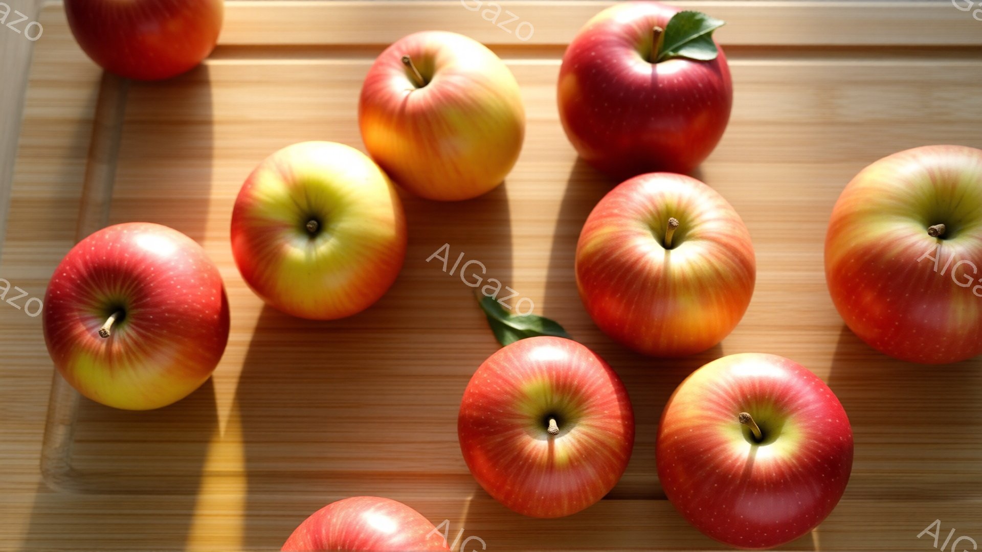 画像には、木製のテーブルの上に並べられた赤いリンゴがいくつか写っています。リンゴは赤と黄色が混ざった色合いで、それぞれに緑色の葉が少しだけ付いています。太陽光が差し込み、テーブルに影を作り、リンゴの鮮やかな色が際立っています。