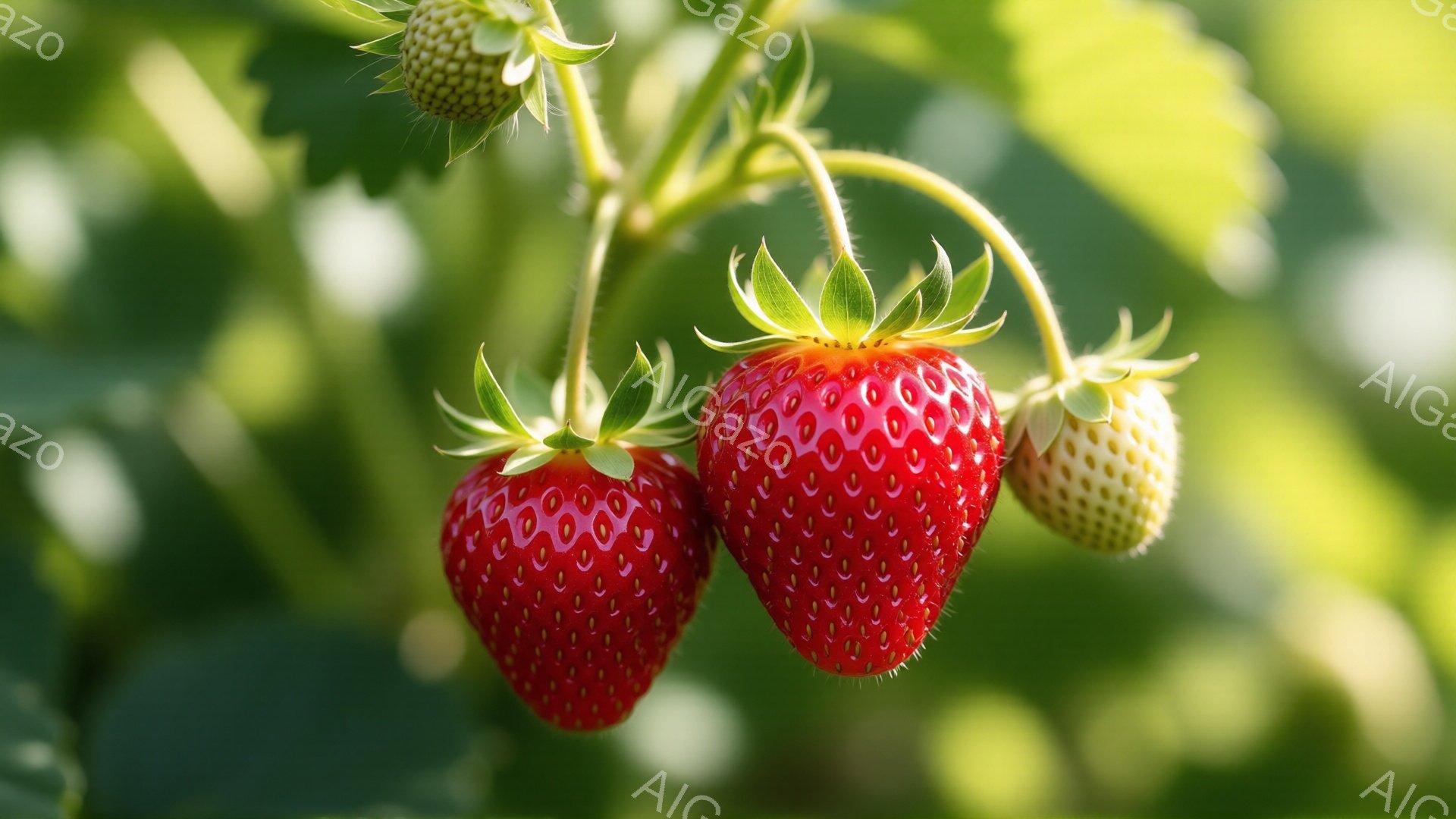 鮮やかな赤いイチゴが三つ、緑の葉に囲まれて枝にぶら下がっている。完熟したイチゴは表面に小さな種が密集し、瑞々しさを感じさせる。背景は明るい緑色の葉が広がり、自然の恵みを感じさせる、穏やかな雰囲気である。