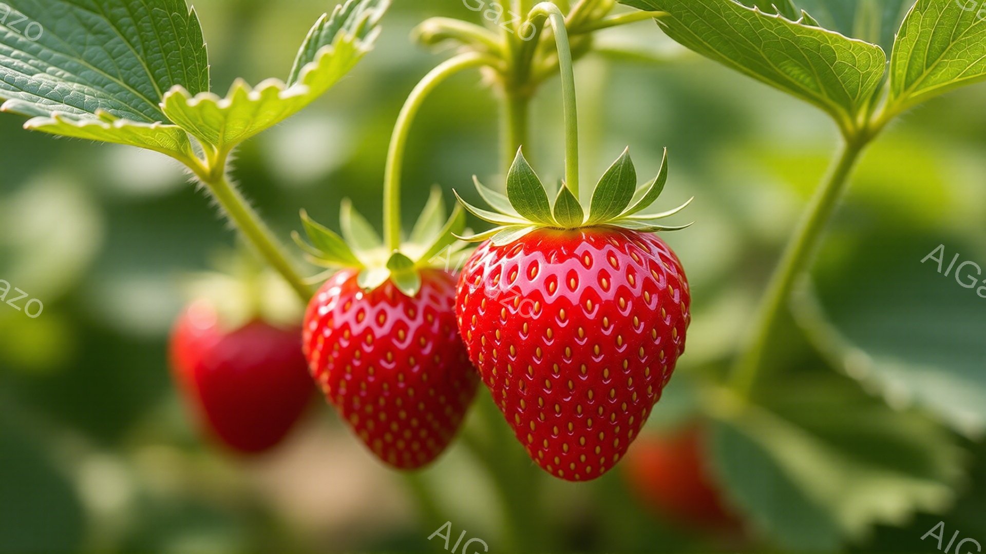 鮮やかな赤いイチゴが、緑の葉に囲まれてぶら下がっているクローズアップ写真です。イチゴは丸みを帯びており、表面には種がびっしりと並んでいます。背景は緑豊かな植物で、全体的に明るく、生き生きとした印象を与えます。