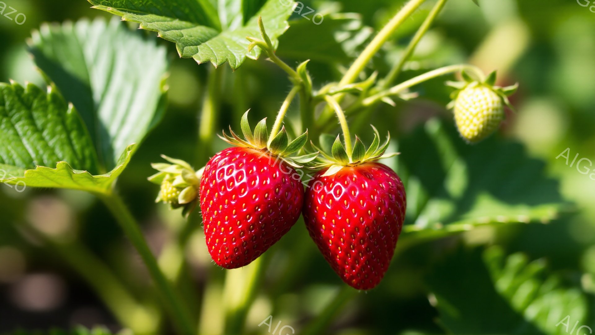 鮮やかな赤いイチゴが二つ、緑の葉に囲まれて描かれています。イチゴは瑞々しく、表面には種が密集しており、つるには小さな蕾も確認できます。背景は他の葉や植物で埋め尽くされ、全体的に自然で生命力溢れる雰囲気が漂います。